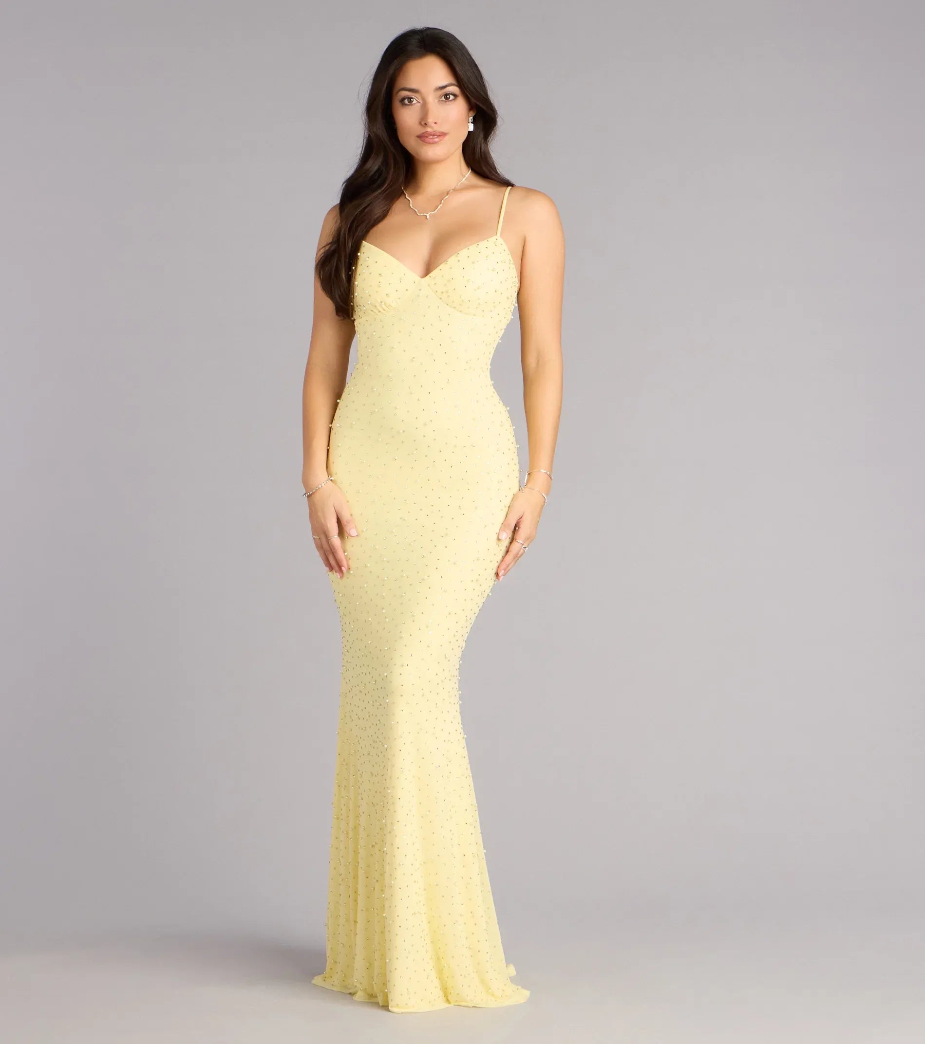 Radiant Yellow Mermaid V‑Neck Spaghetti Strap Tie‑Back Beaded Floor Length Wedding Guest Dresses