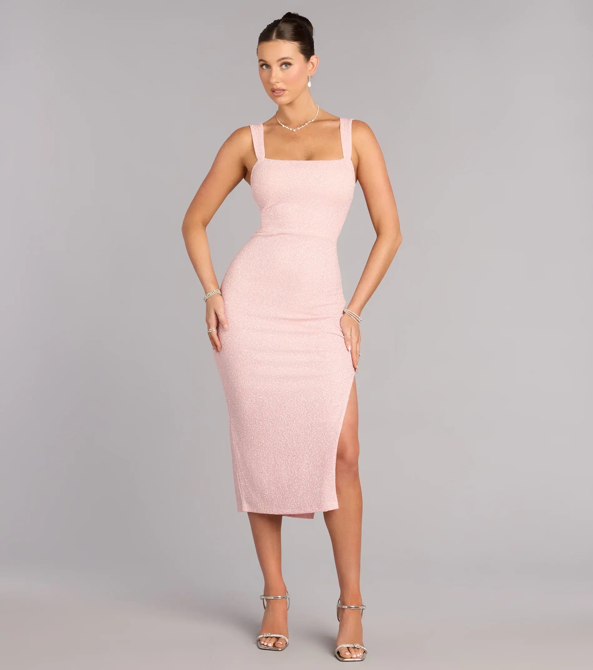 Sparkling Pink Sheath Square Neck Wide Strap Lace‑Up Back Midi Slit Wedding Guest Dresses
