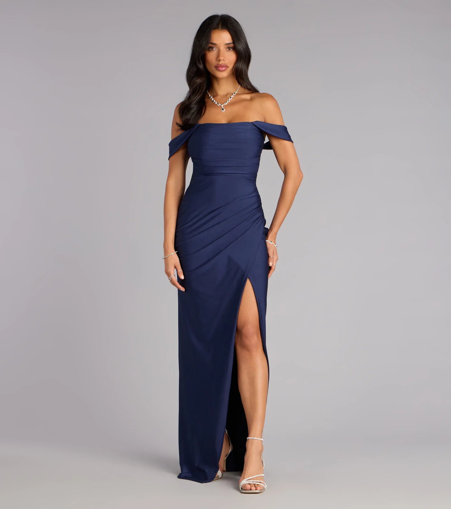 Chic Navy Sheath Off Shoulder Short Sleeve High Slit Floor Length Wedding Guest Dresses