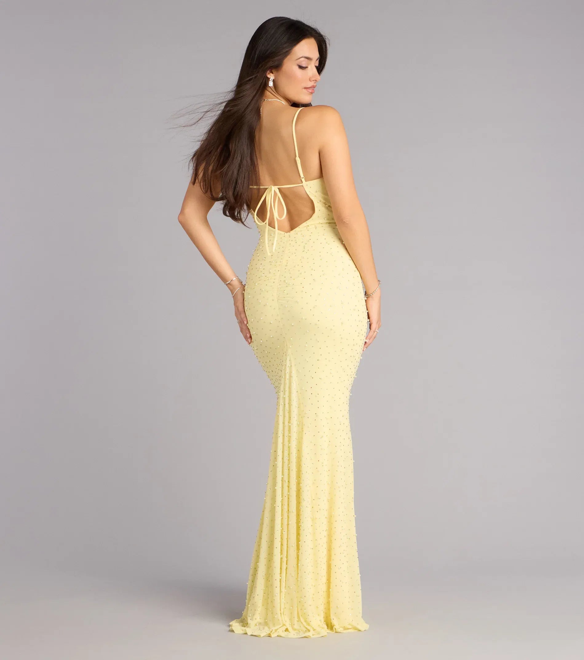 Radiant Yellow Mermaid V‑Neck Spaghetti Strap Tie‑Back Beaded Floor Length Wedding Guest Dresses