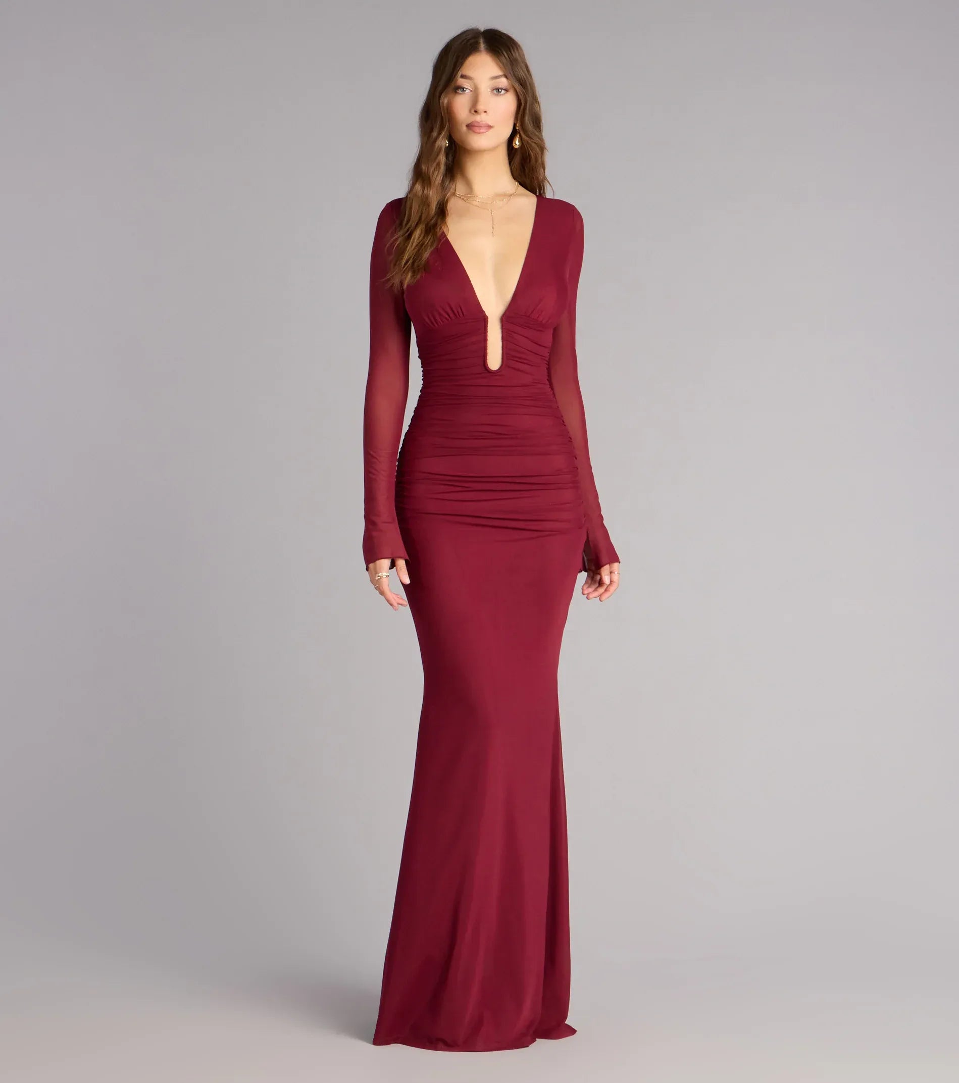 Burgundy Deep V Cutout Ruched Mesh Sleeve Open Back Mermaid Maxi Dress