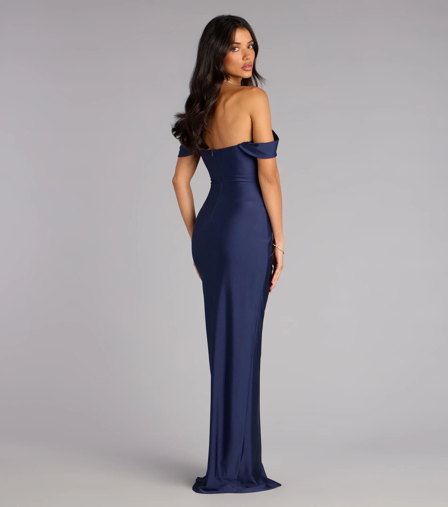 Chic Navy Sheath Off Shoulder Short Sleeve High Slit Floor Length Wedding Guest Dresses