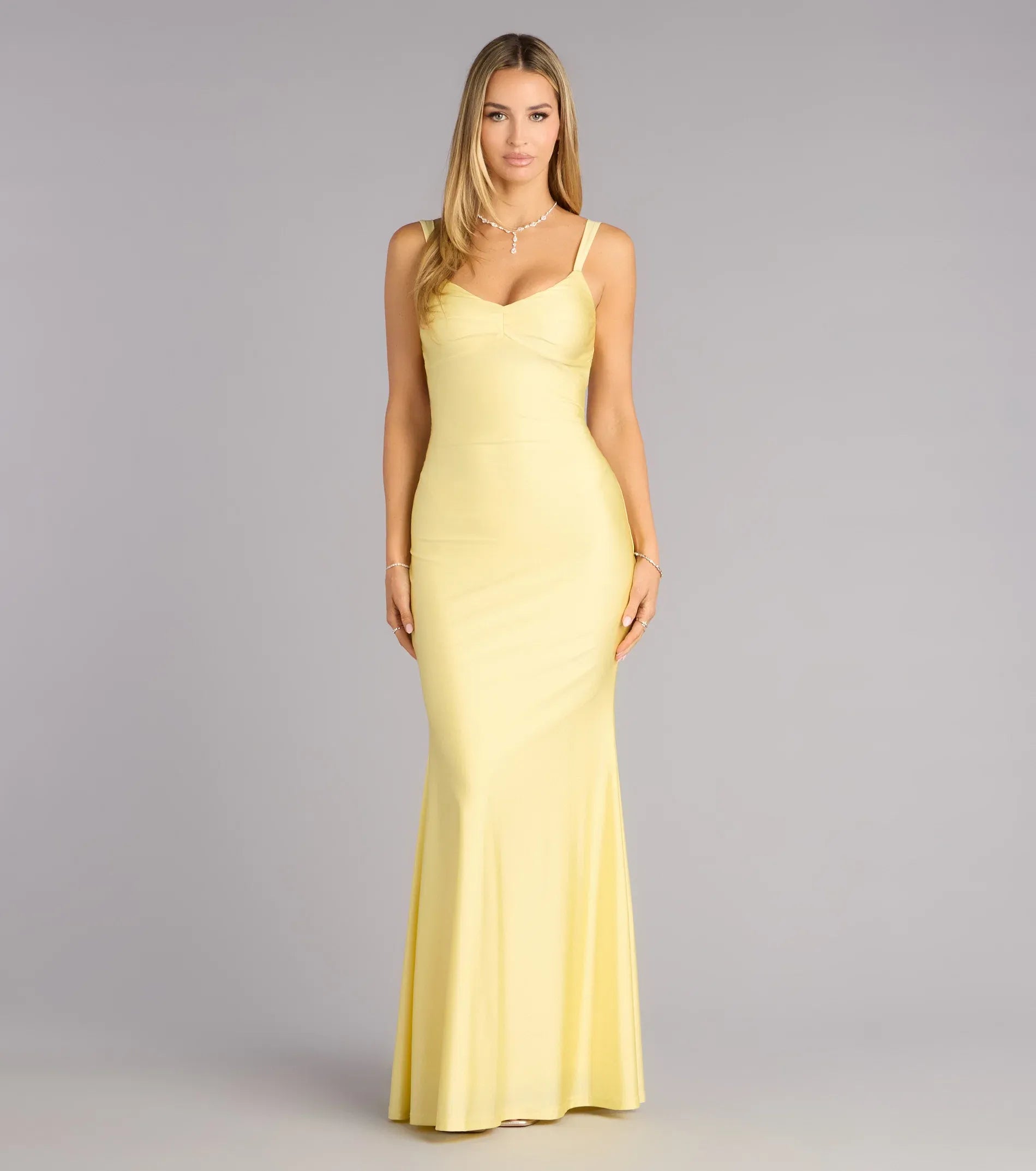 Radiant Pale Yellow Mermaid Sweetheart Wide Strap Crisscross Cutout Back Floor Length Wedding Guest Dresses