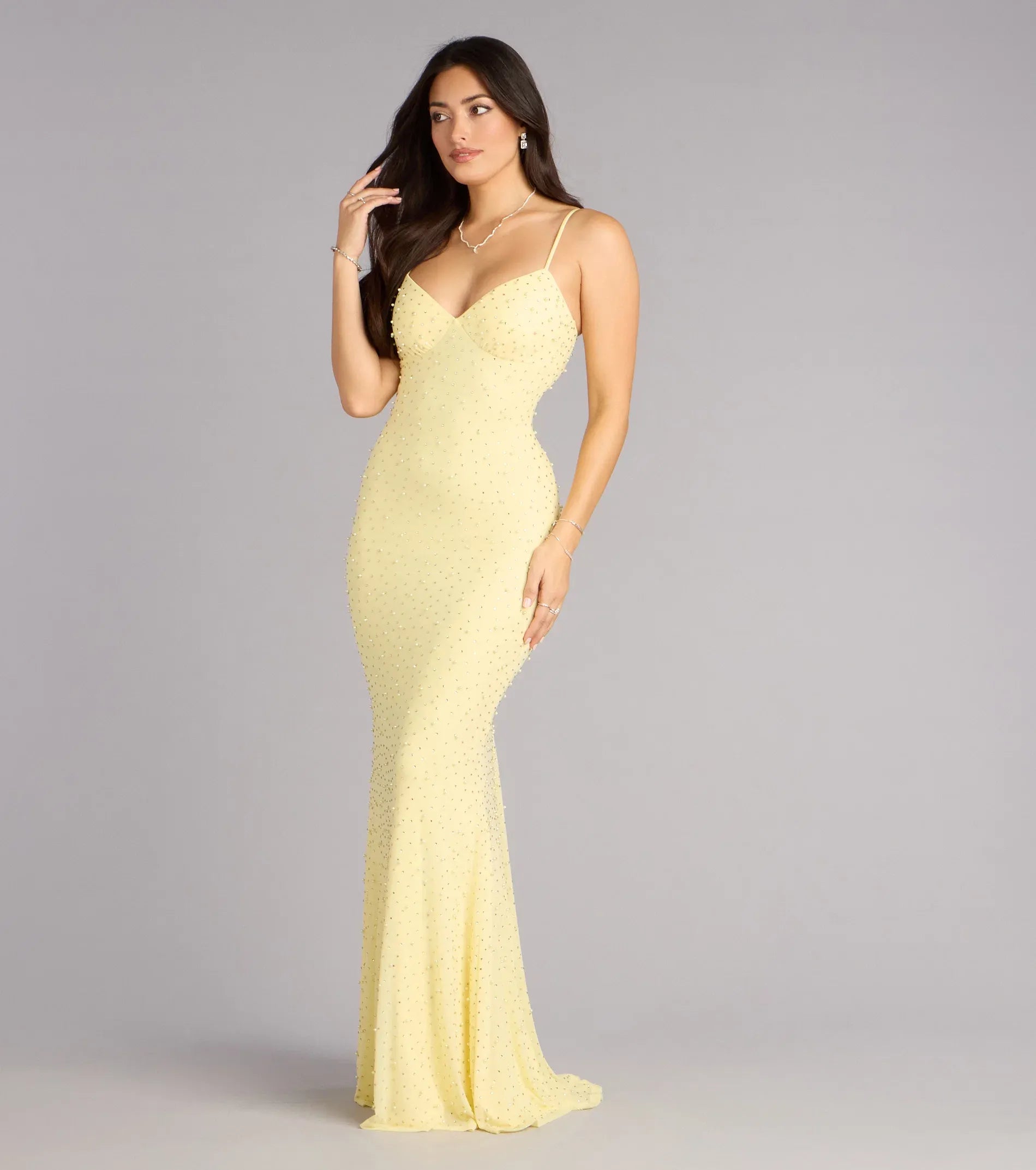 Radiant Yellow Mermaid V‑Neck Spaghetti Strap Tie‑Back Beaded Floor Length Wedding Guest Dresses