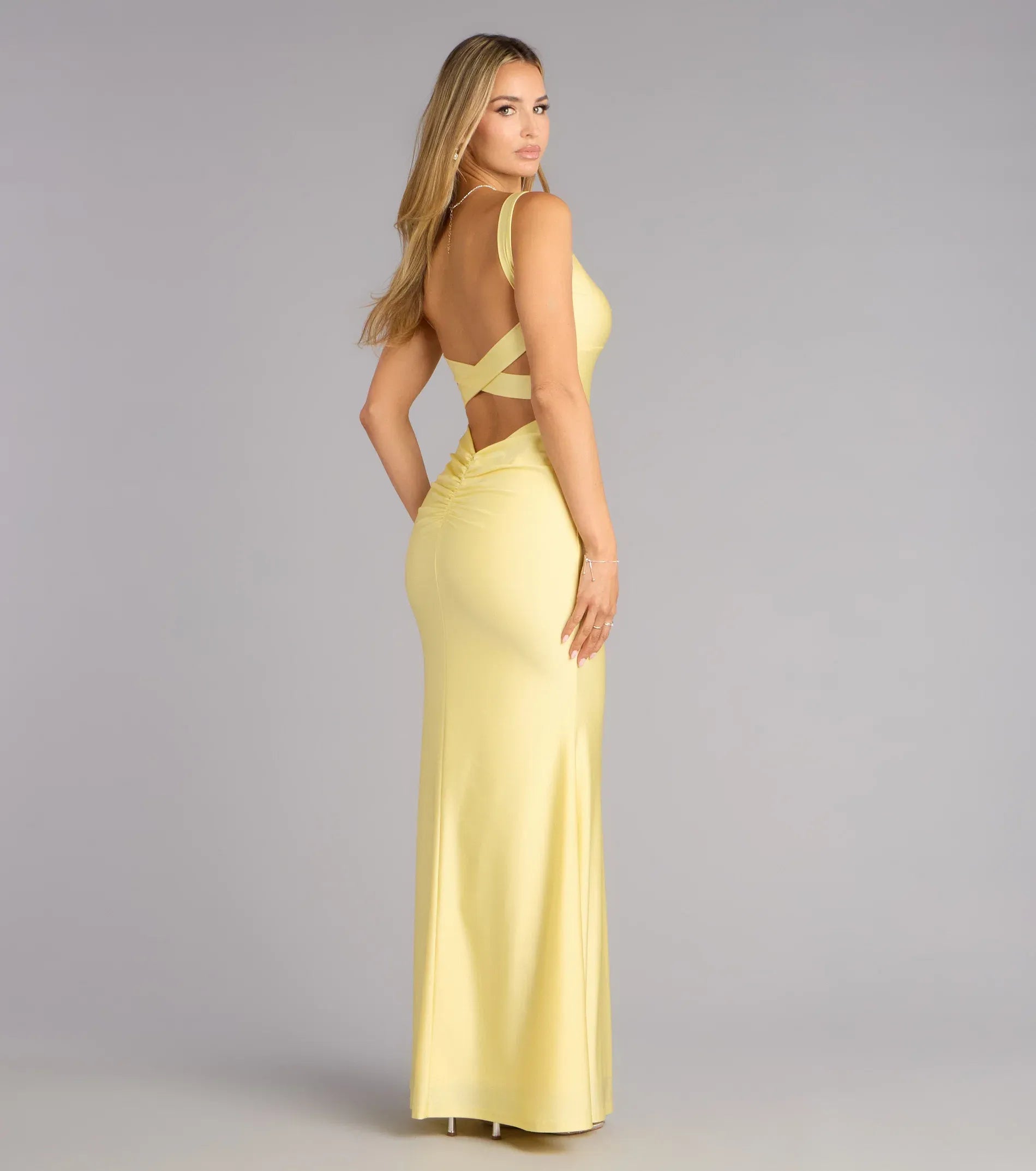 Radiant Pale Yellow Mermaid Sweetheart Wide Strap Crisscross Cutout Back Floor Length Wedding Guest Dresses