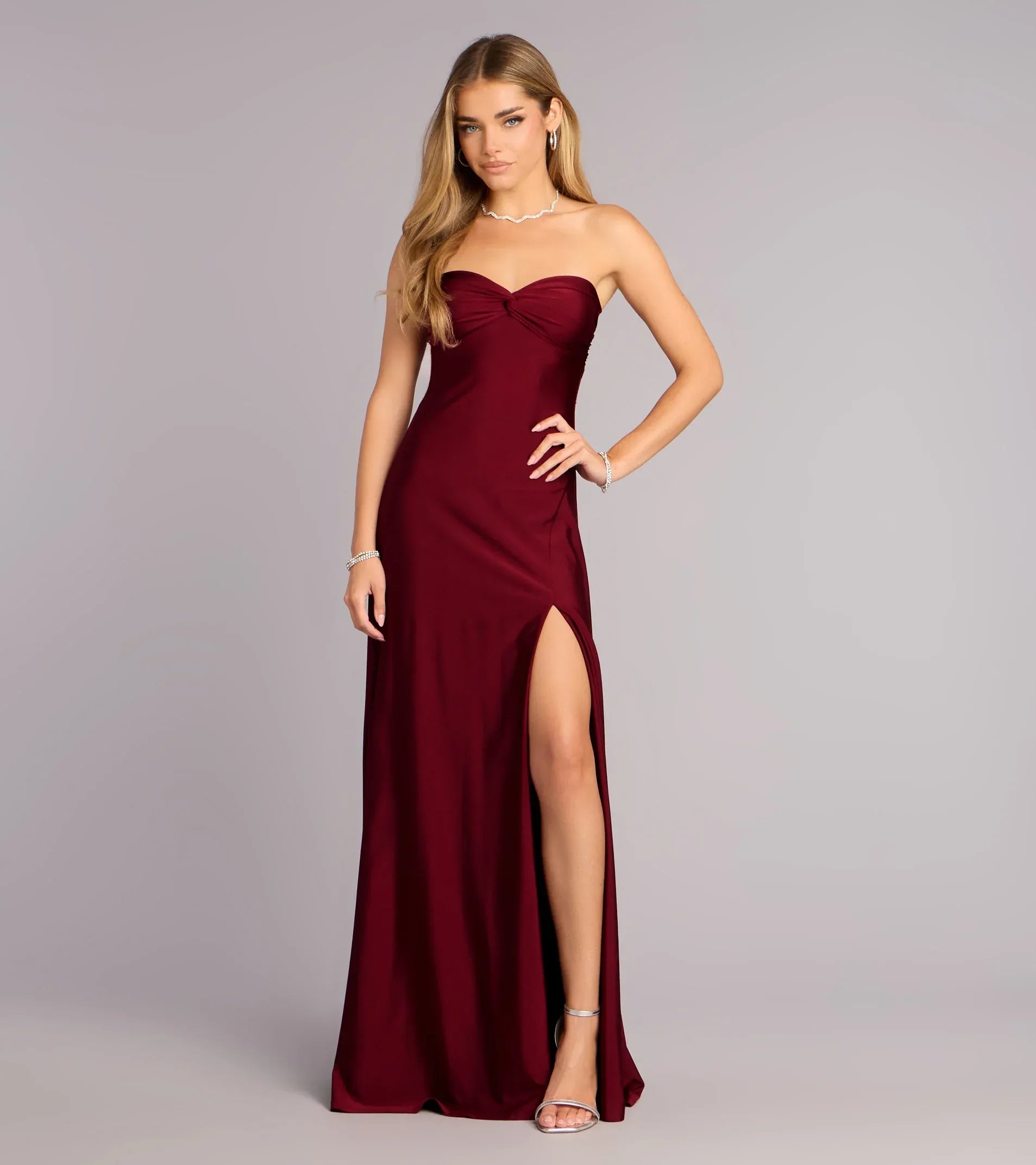 Burgundy Twist Strapless Back Bow High Slit Floor Length Maxi Dress