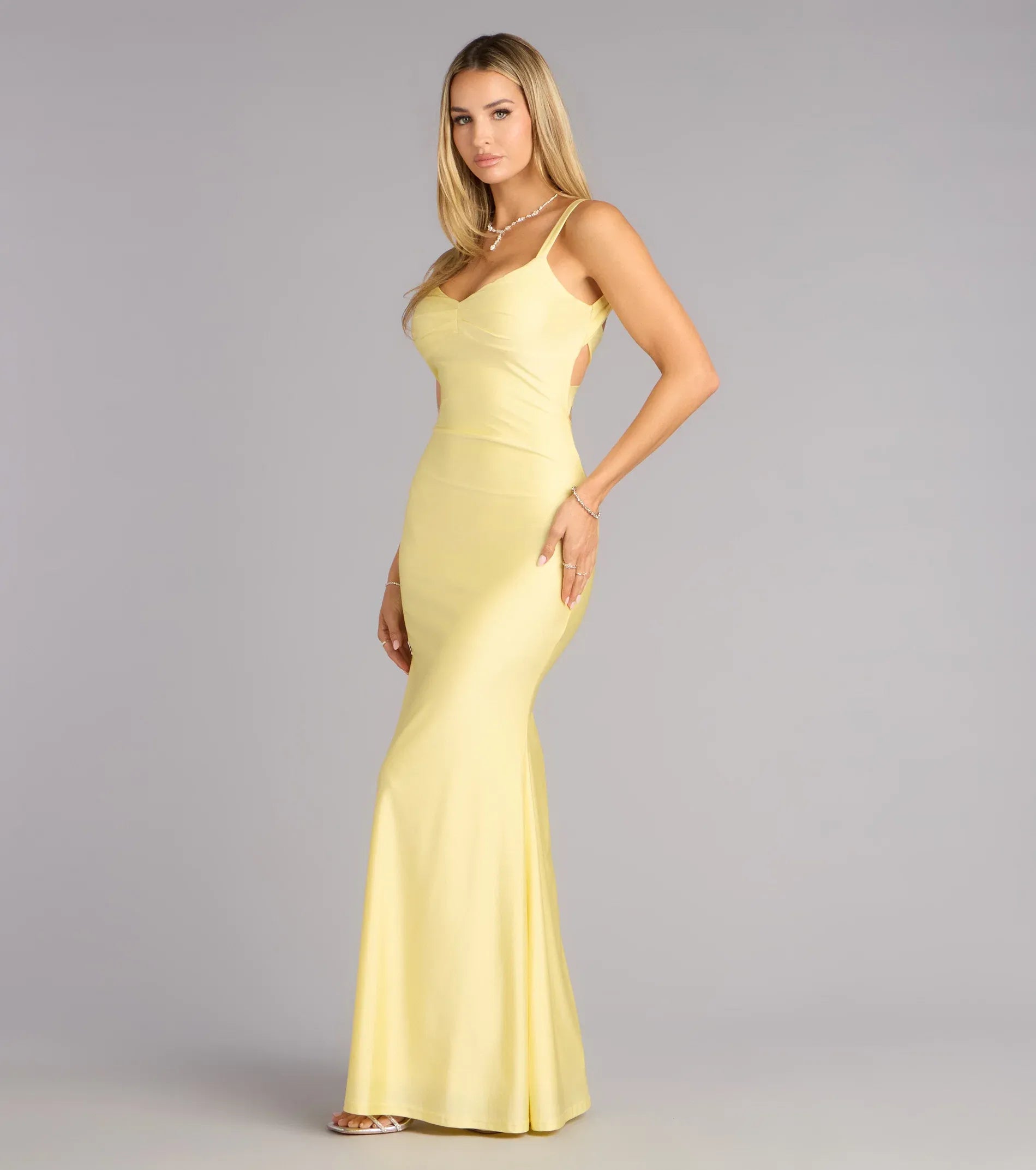 Radiant Pale Yellow Mermaid Sweetheart Wide Strap Crisscross Cutout Back Floor Length Wedding Guest Dresses