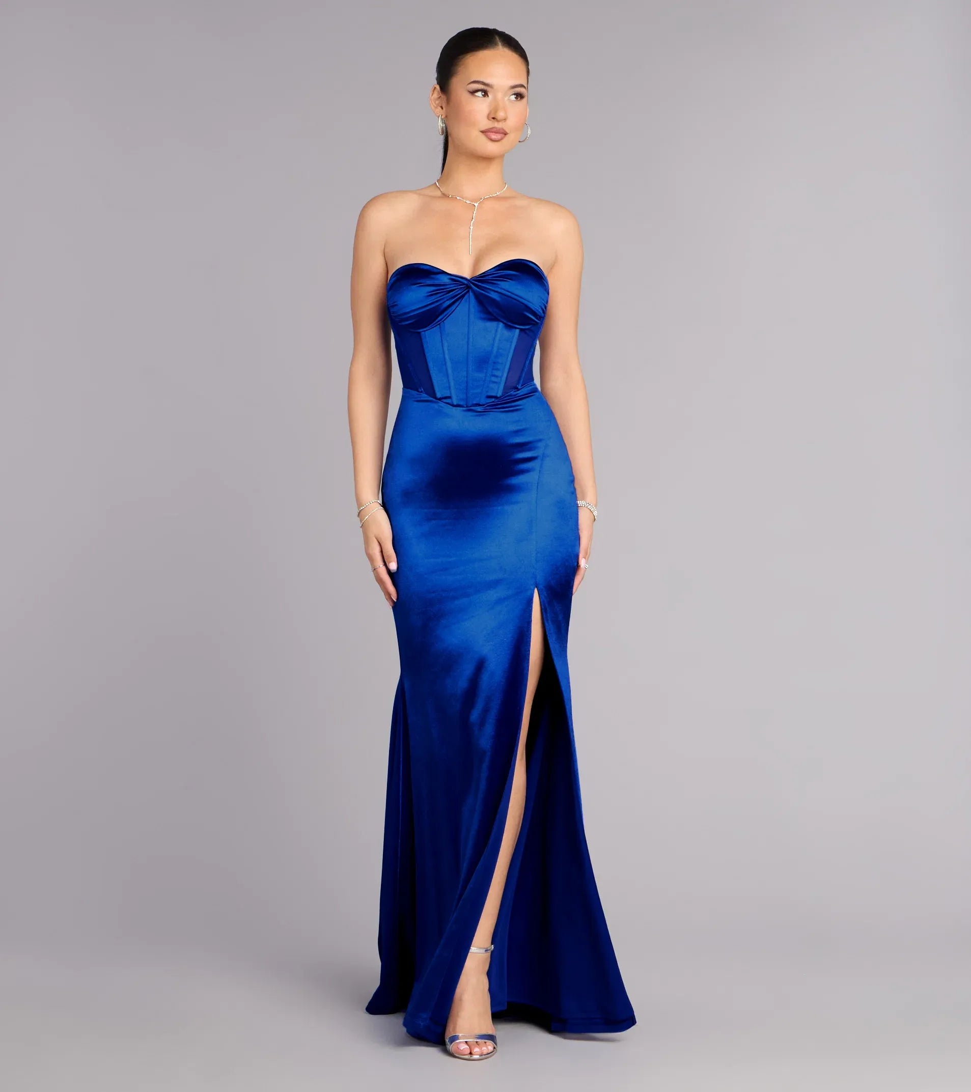 Glamorous Royal Mermaid Strapless Sweetheart Corset Lace‑Up Back High Slit Floor Length Wedding Guest Dresses