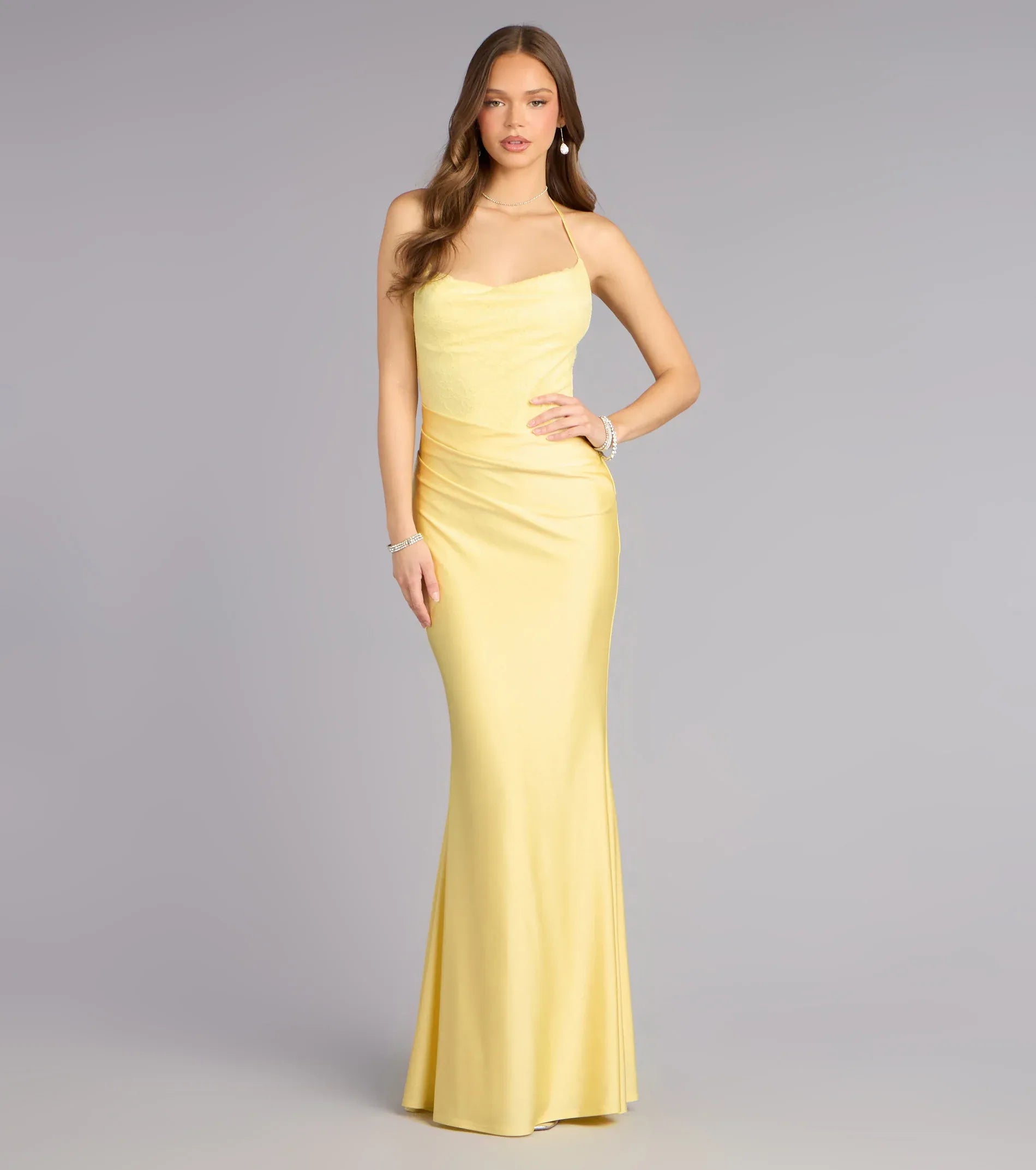 Sunlit Yellow Lace Mermaid Halter V Neck Open Back Floor Length Wedding Guest Dresses