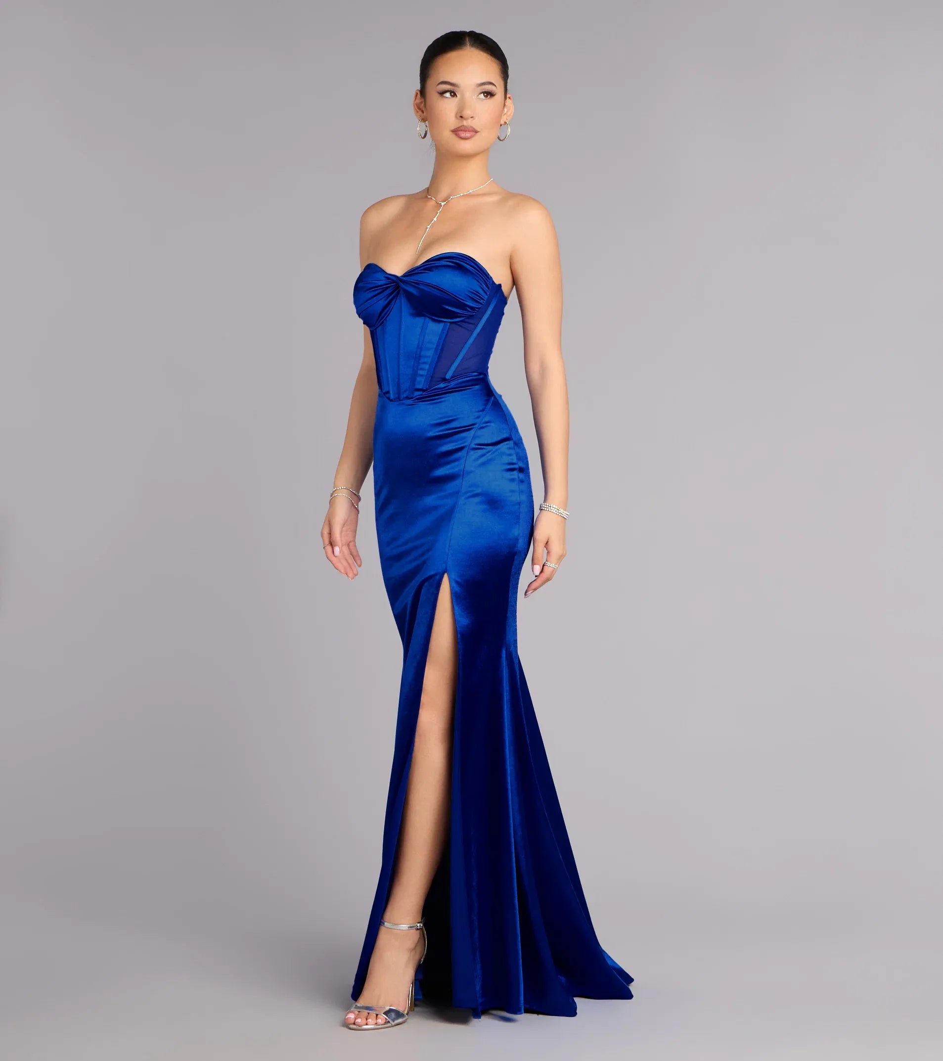 Glamorous Royal Mermaid Strapless Sweetheart Corset Lace‑Up Back High Slit Floor Length Wedding Guest Dresses