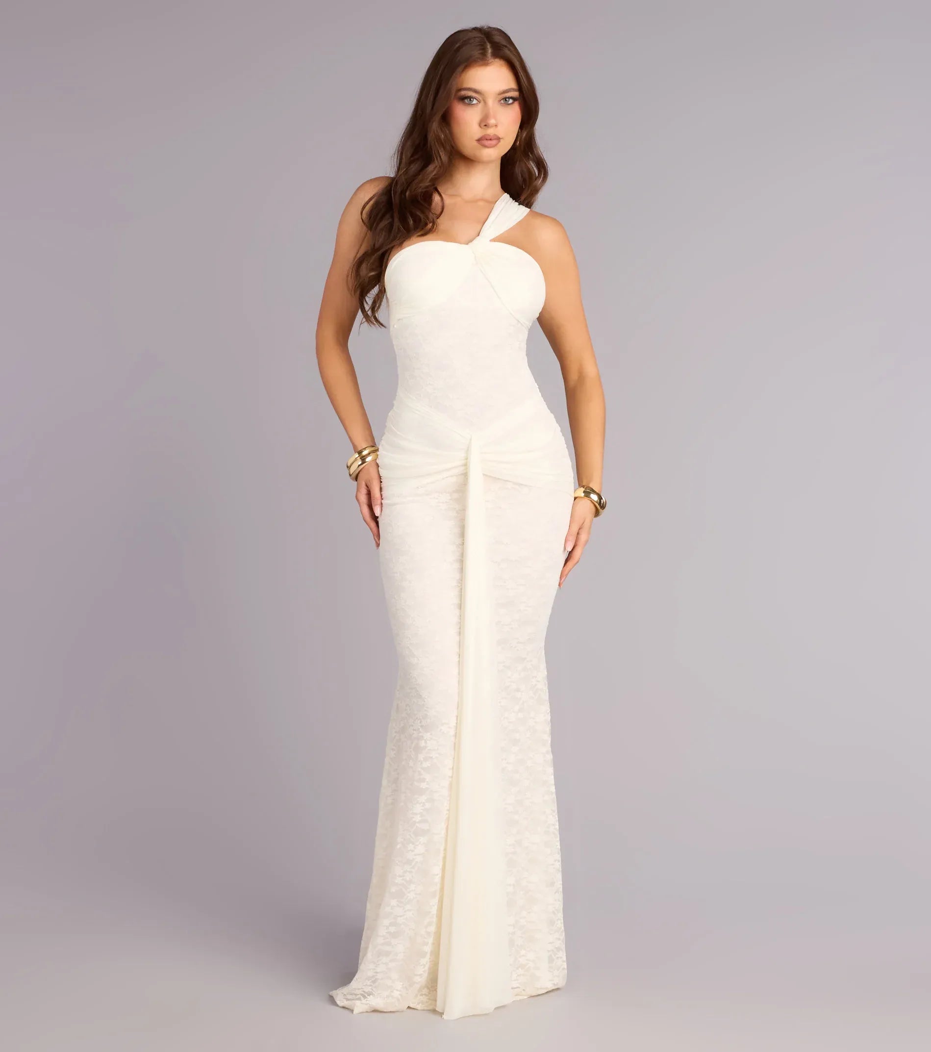 Graceful Ivory Lace One Shoulder A Line Floral Appliqué Floor Length Wedding Guest Dresses
