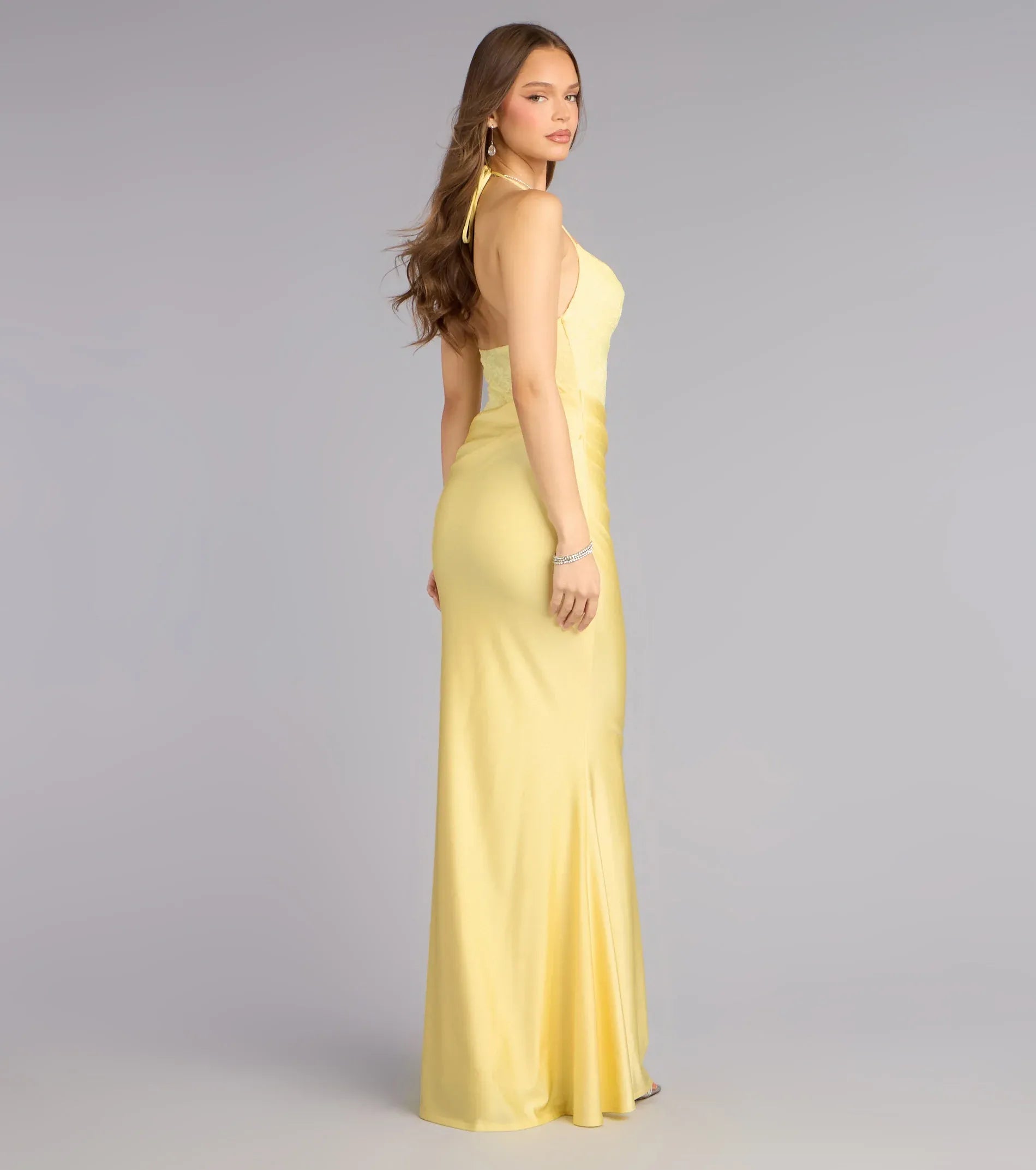Sunlit Yellow Lace Mermaid Halter V Neck Open Back Floor Length Wedding Guest Dresses