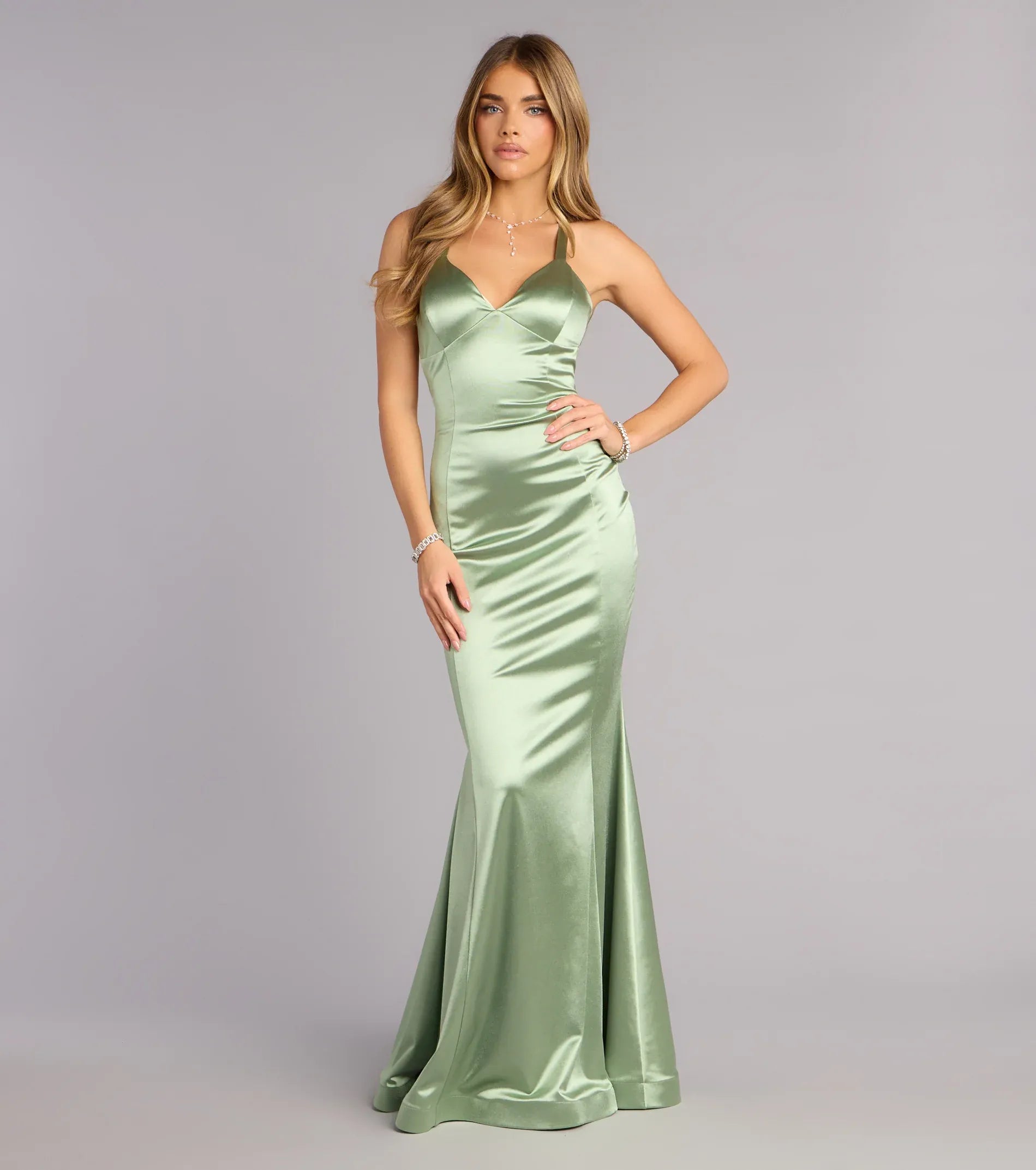 Serene Sage Satin Mermaid V Neck Spaghetti Strap Open Back Floor Length Wedding Guest Dresses