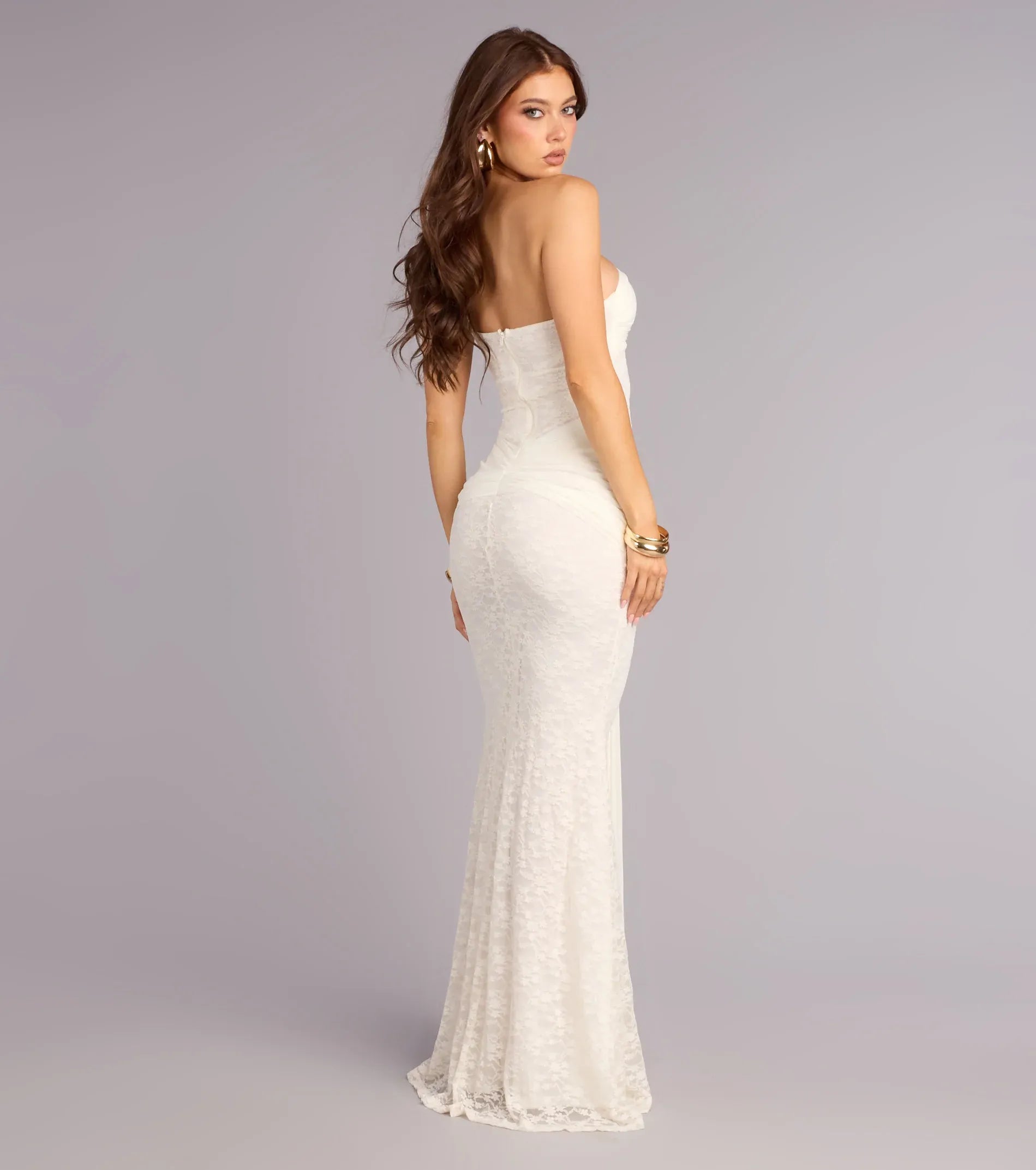 Graceful Ivory Lace One Shoulder A Line Floral Appliqué Floor Length Wedding Guest Dresses