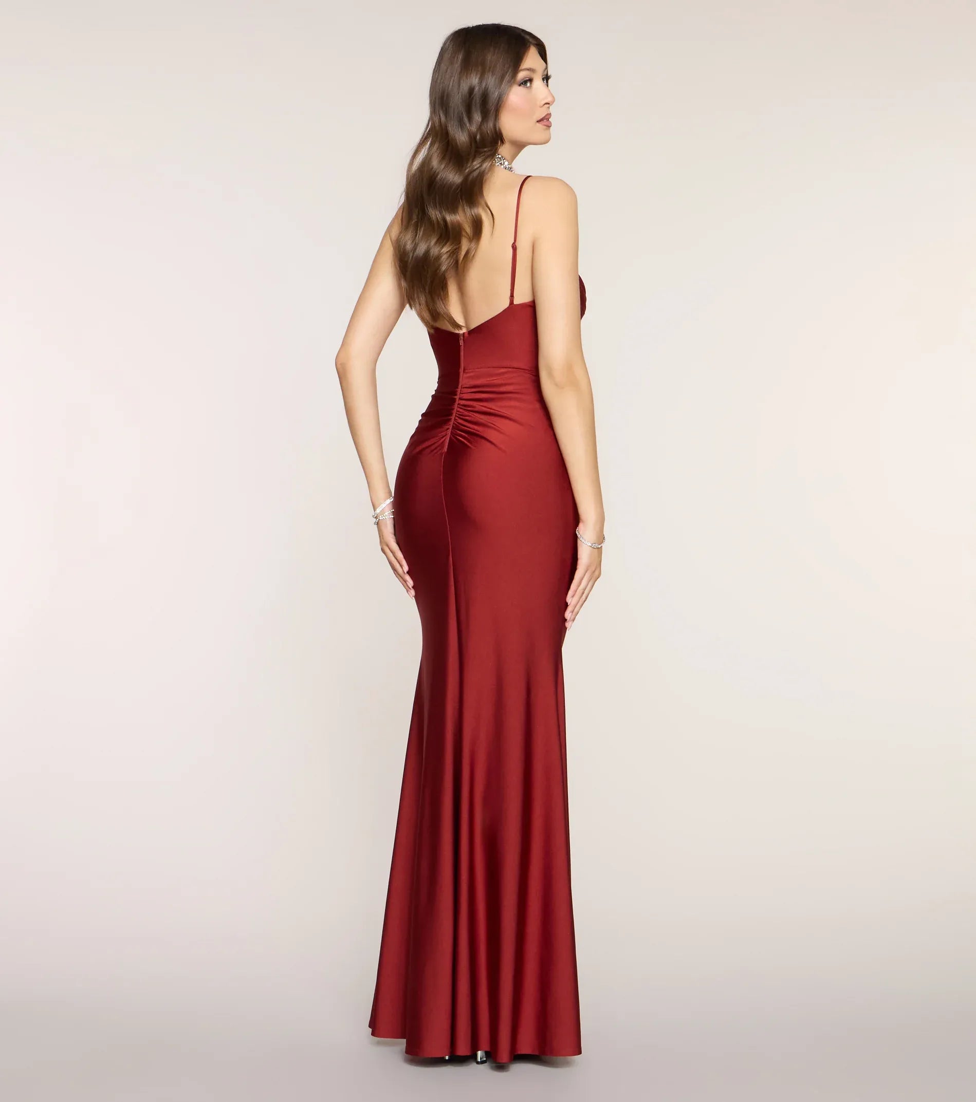 Opulent Burgundy Satin Mermaid Spaghetti Strap V‑Back High Slit Floor Length Wedding Guest Dresses