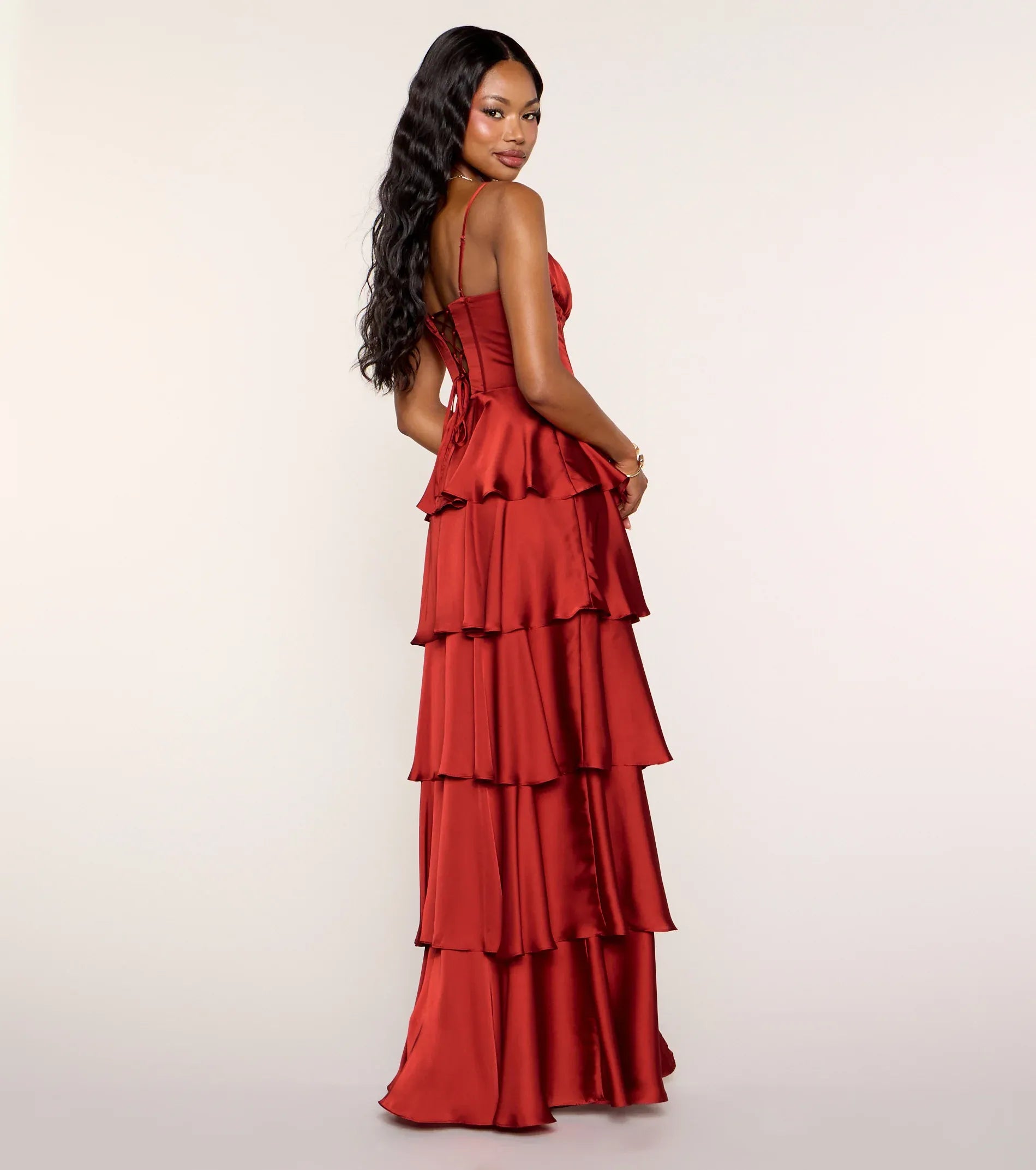 Vibrant Red Satin Tiered Square Spaghetti Strap Lace‑Up Back Slit Floor Length Wedding Guest Dresses