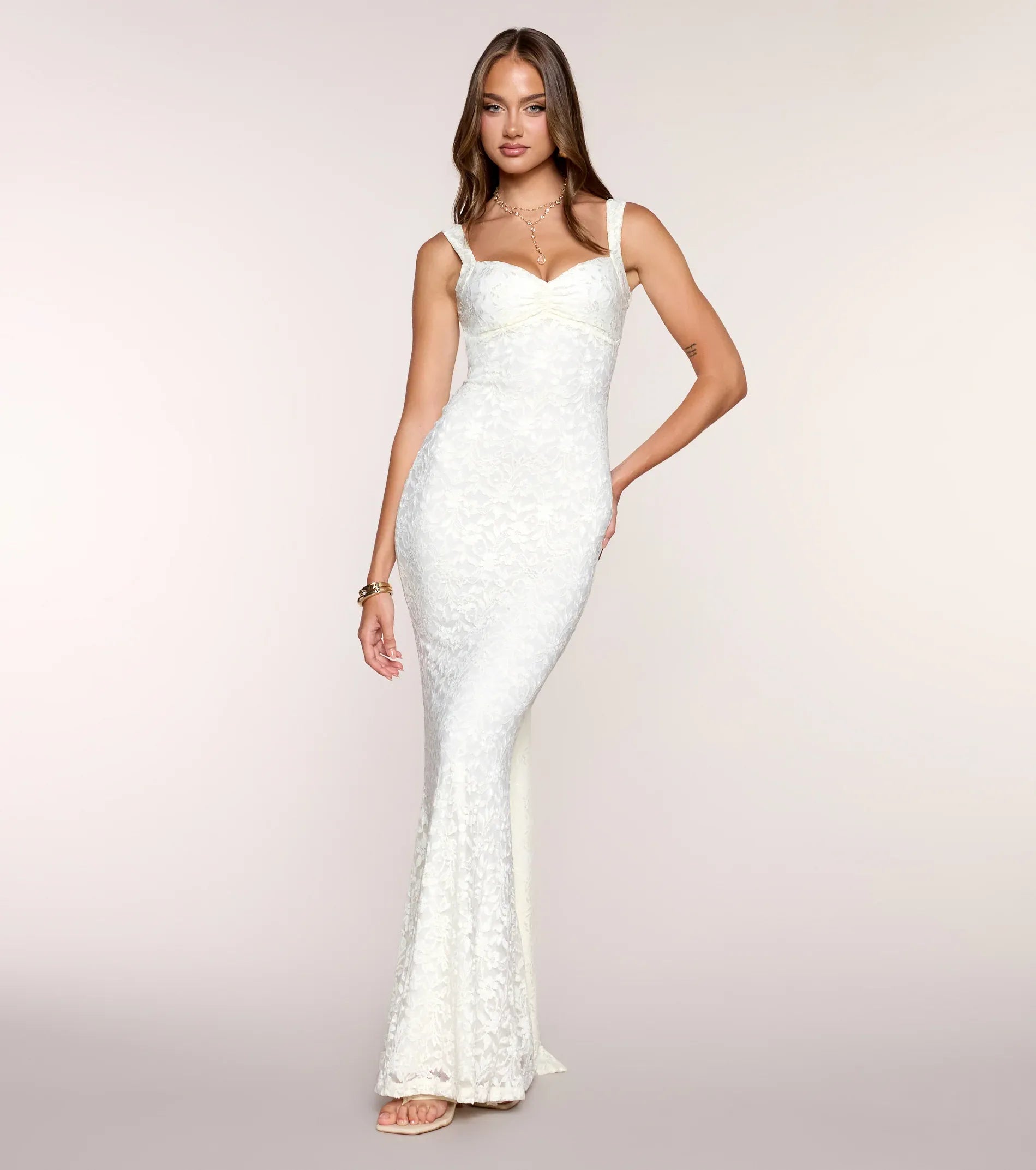 Dreamy Ivory Lace Mermaid Sweetheart Wide Strap Open Bow Back Floor Length Wedding Guest Dresses