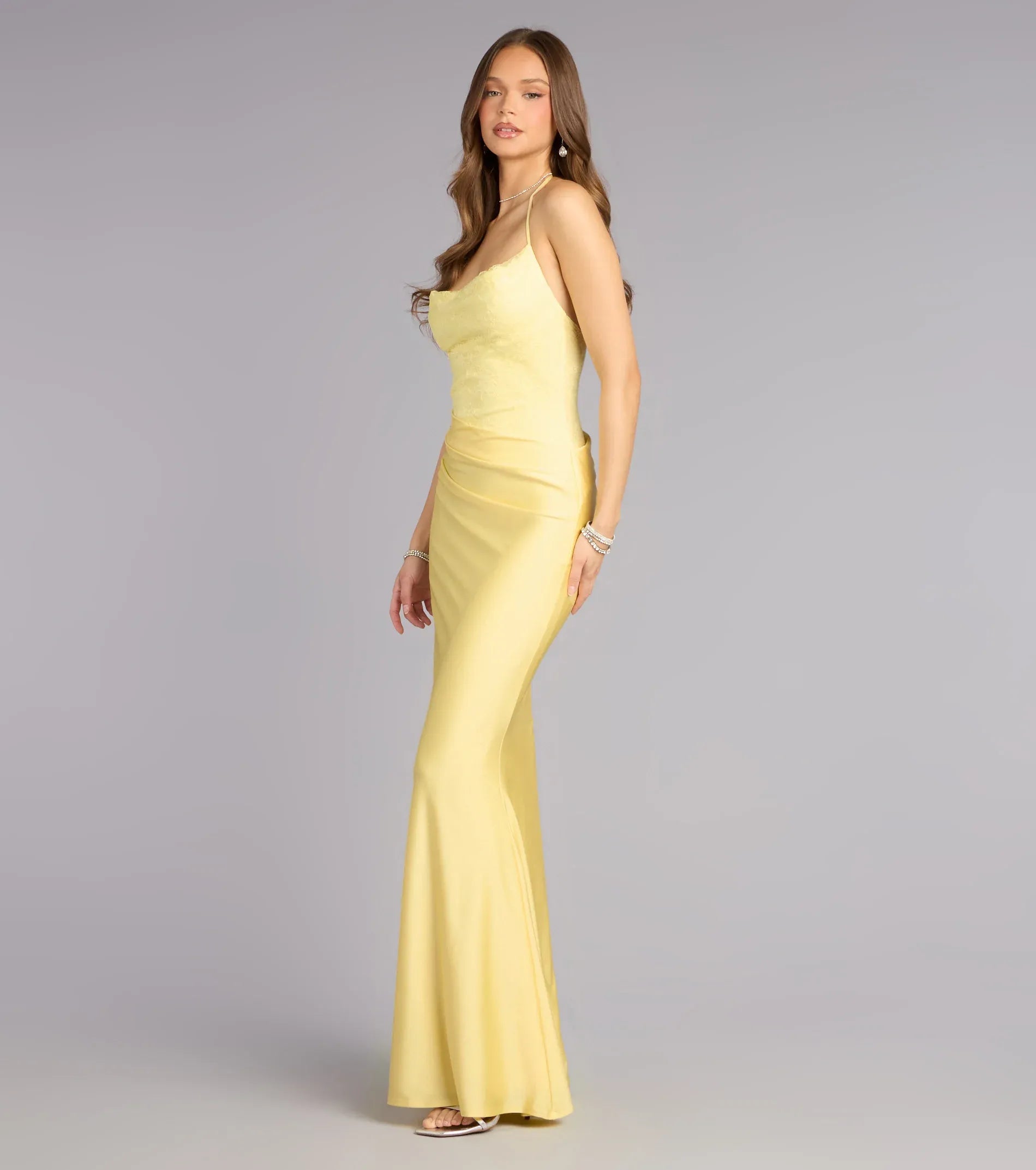 Sunlit Yellow Lace Mermaid Halter V Neck Open Back Floor Length Wedding Guest Dresses