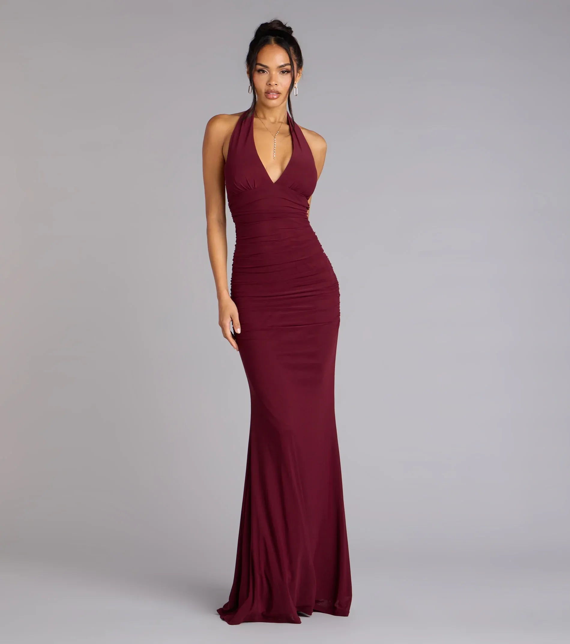 Burgundy Halter Deep V Lace Up Back Ruched Mermaid Maxi Dress