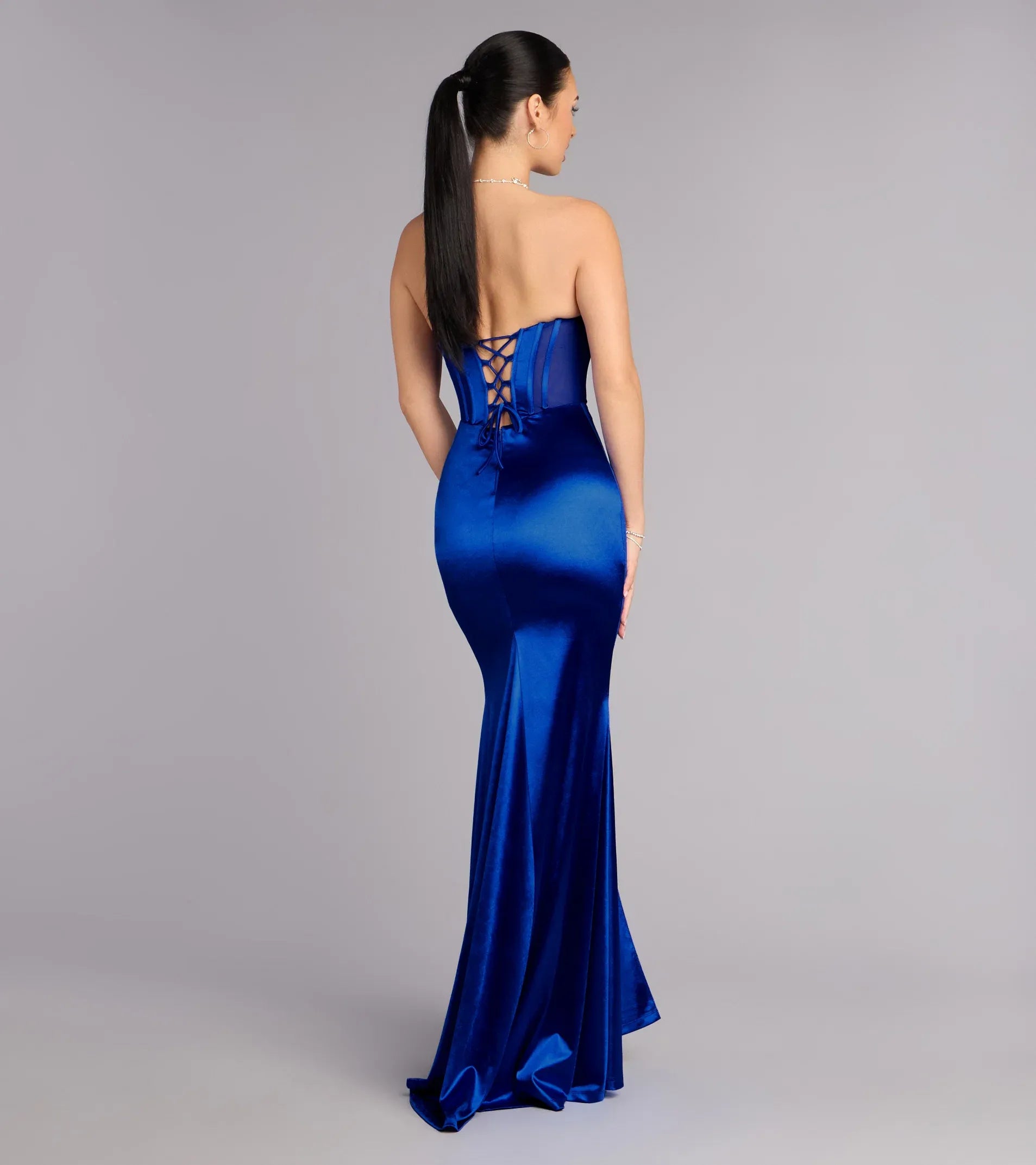 Glamorous Royal Mermaid Strapless Sweetheart Corset Lace‑Up Back High Slit Floor Length Wedding Guest Dresses