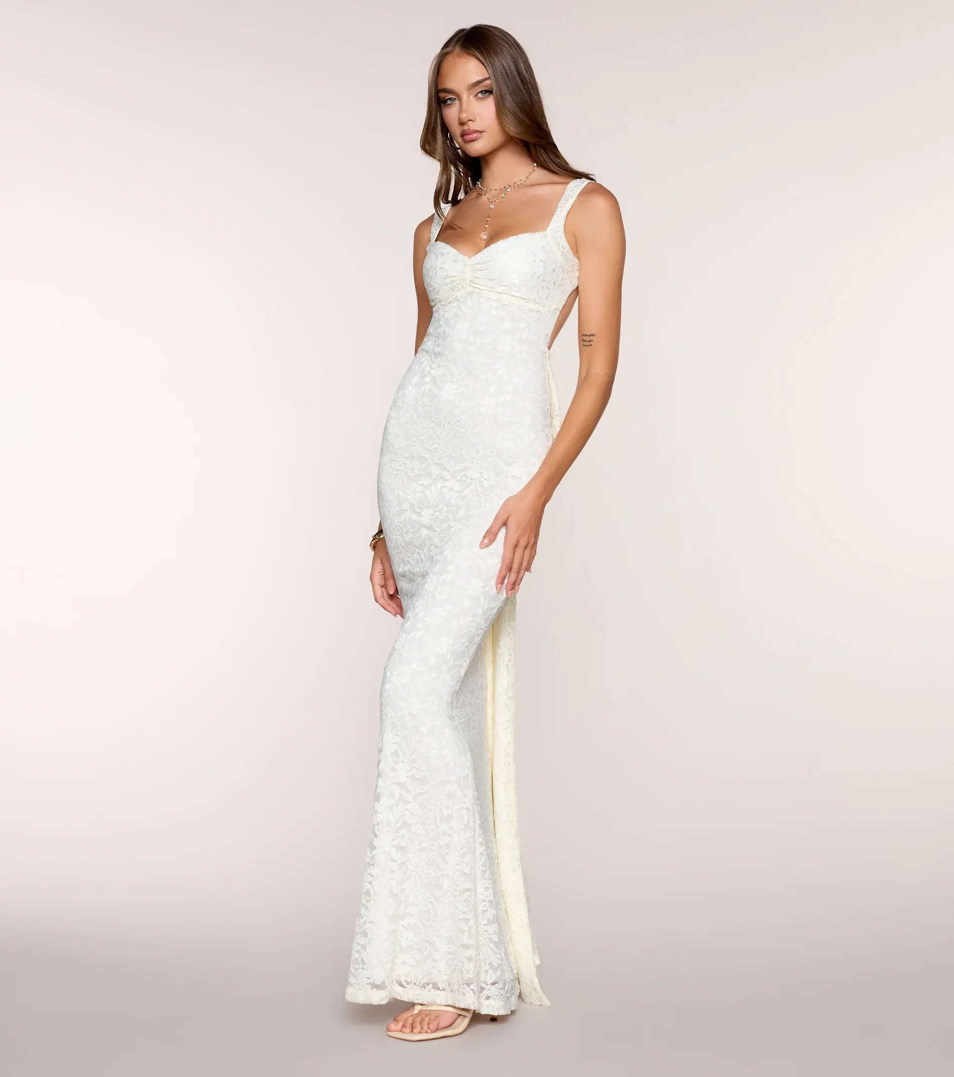 Dreamy Ivory Lace Mermaid Sweetheart Wide Strap Open Bow Back Floor Length Wedding Guest Dresses