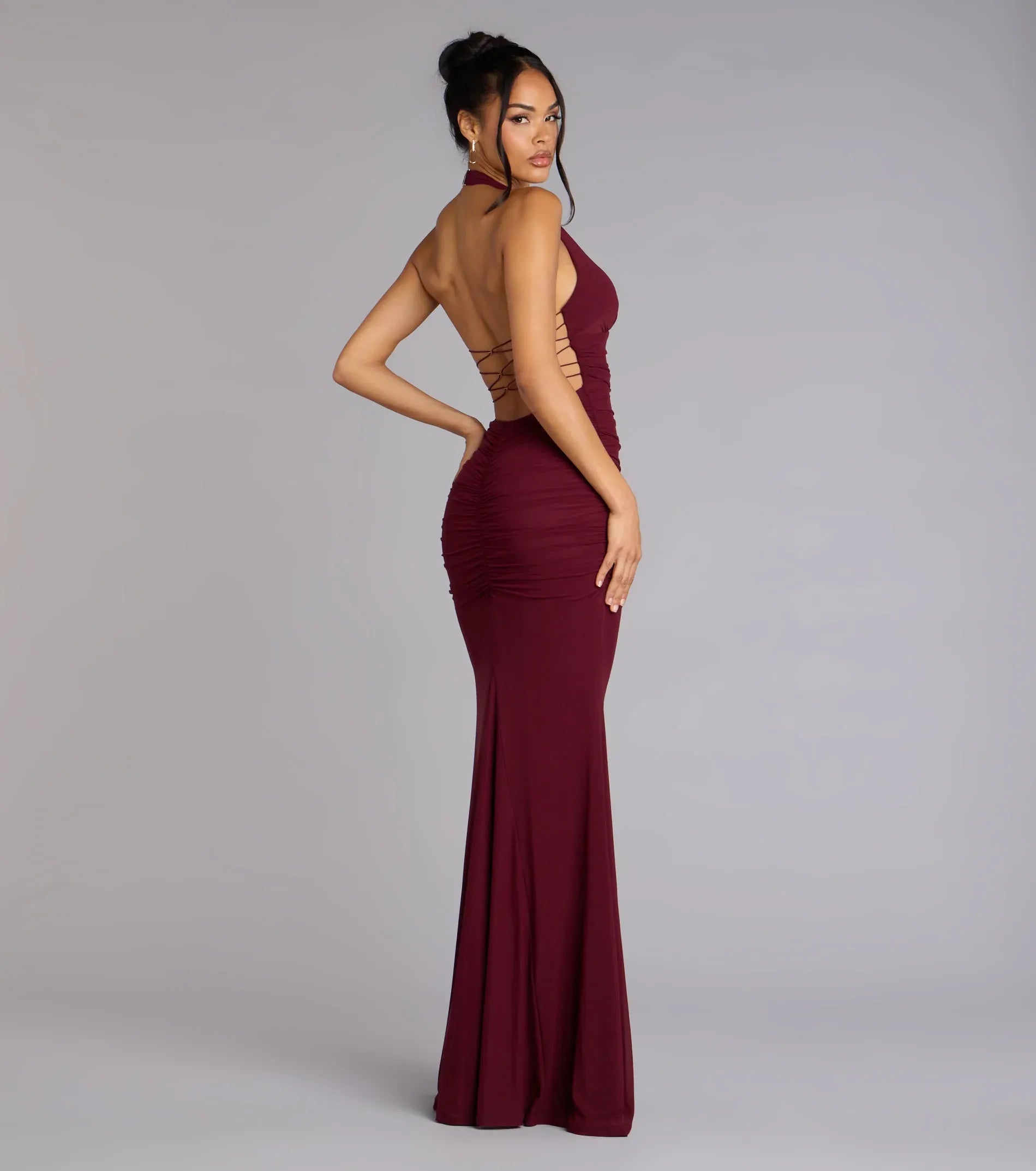 Burgundy Halter Deep V Lace Up Back Ruched Mermaid Maxi Dress