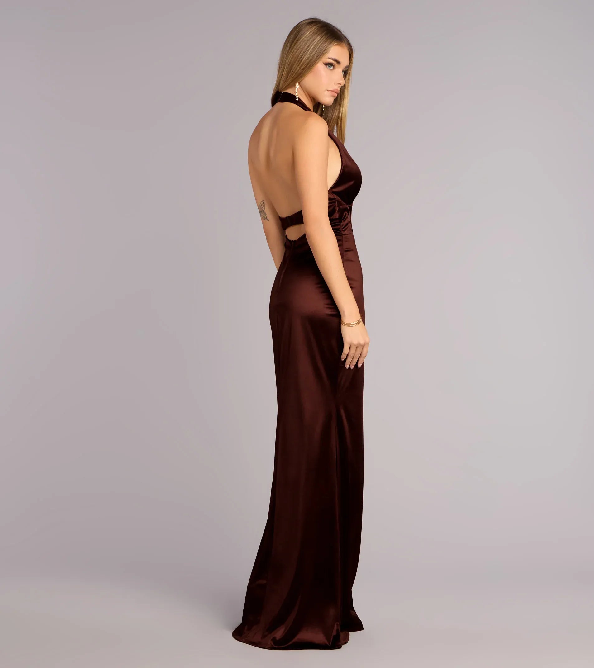Chocolate Satin Halter Deep V Open Back Ruched Mermaid Wedding Guest Maxi Dress