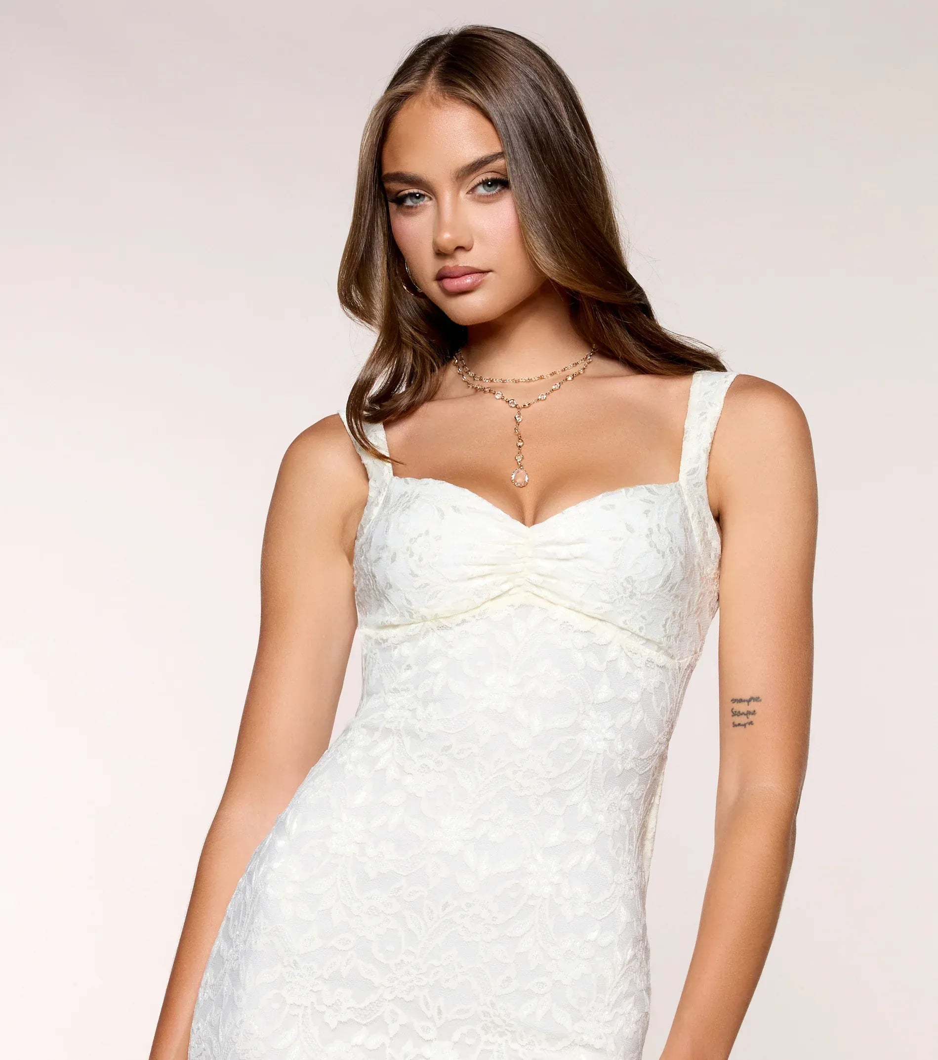Dreamy Ivory Lace Mermaid Sweetheart Wide Strap Open Bow Back Floor Length Wedding Guest Dresses
