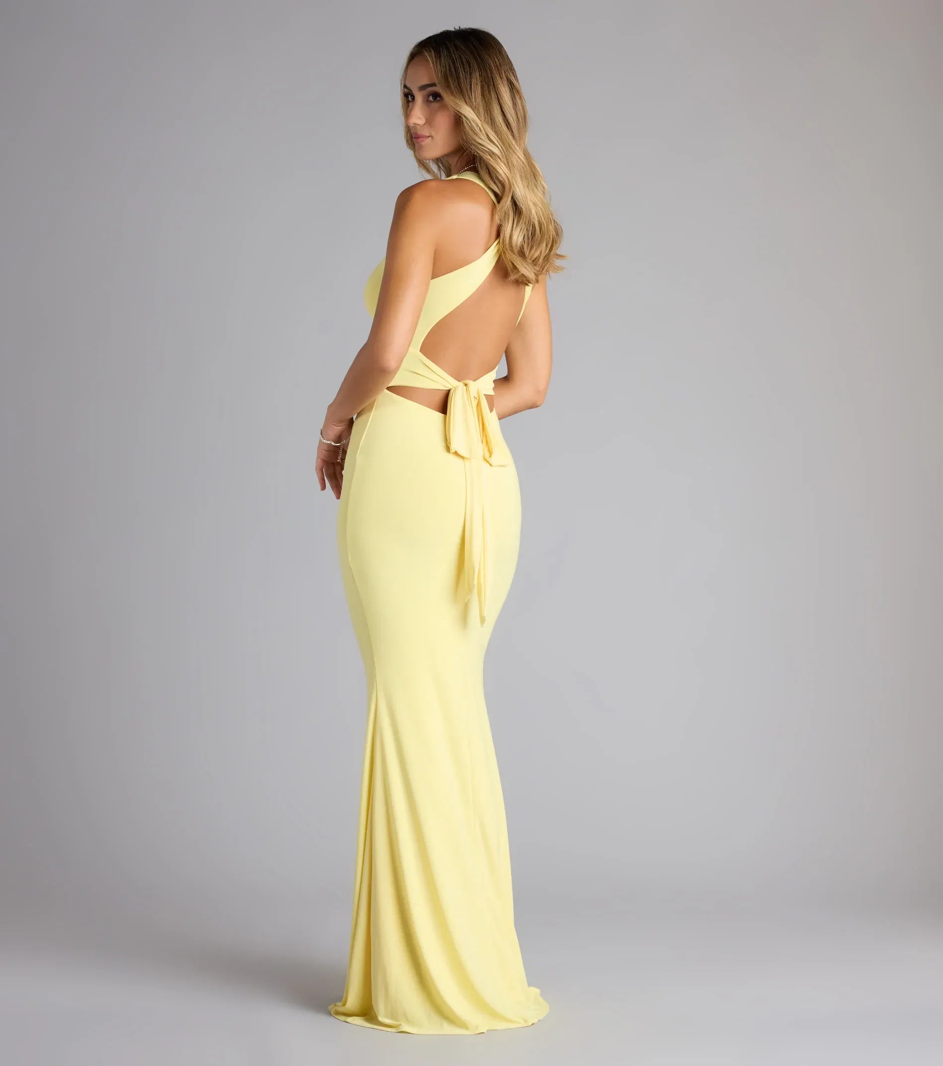 Yellow Halter Twist Front Open Back Tie Mermaid Wedding Guest Maxi Dress