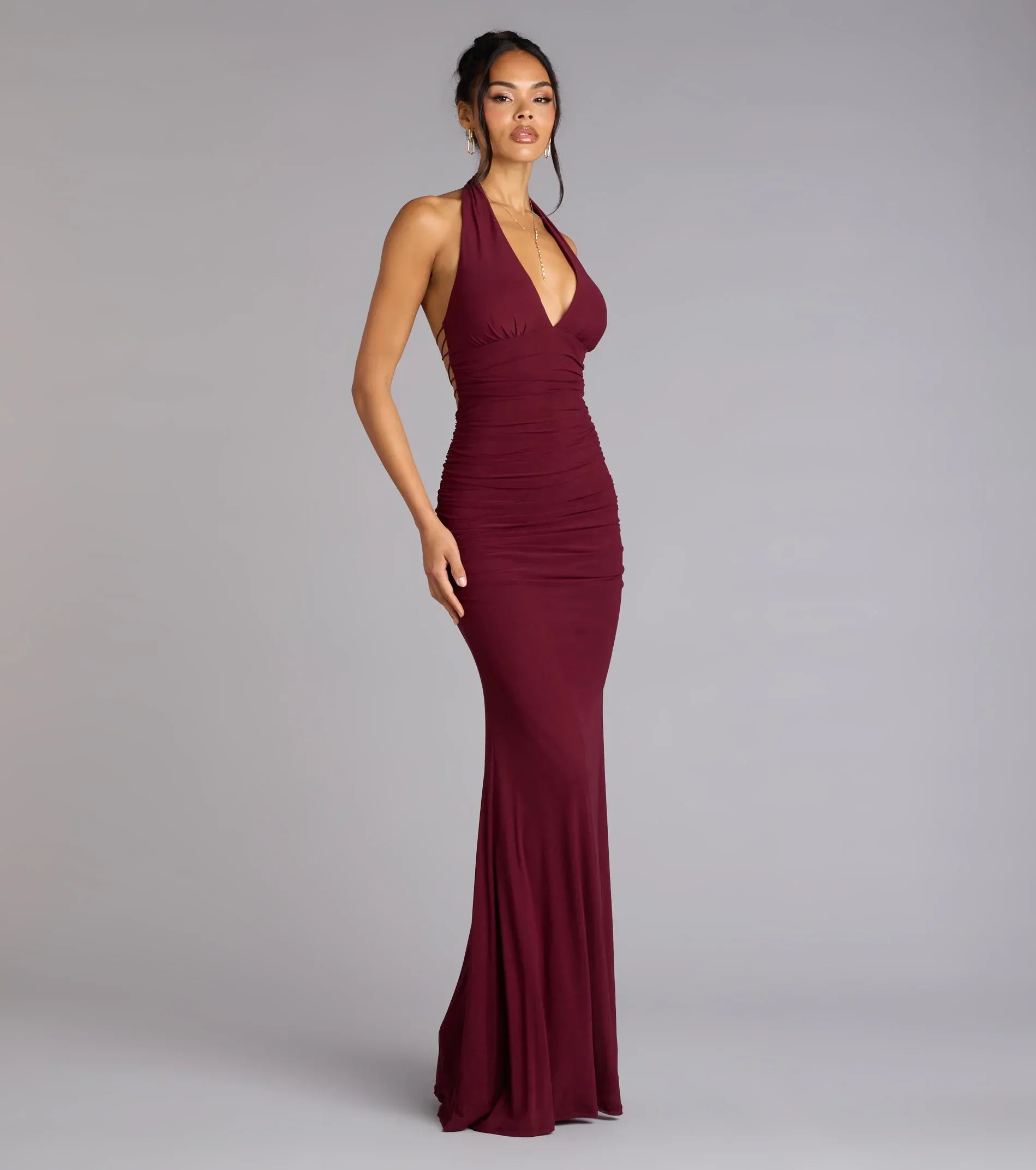Burgundy Halter Deep V Lace Up Back Ruched Mermaid Maxi Dress