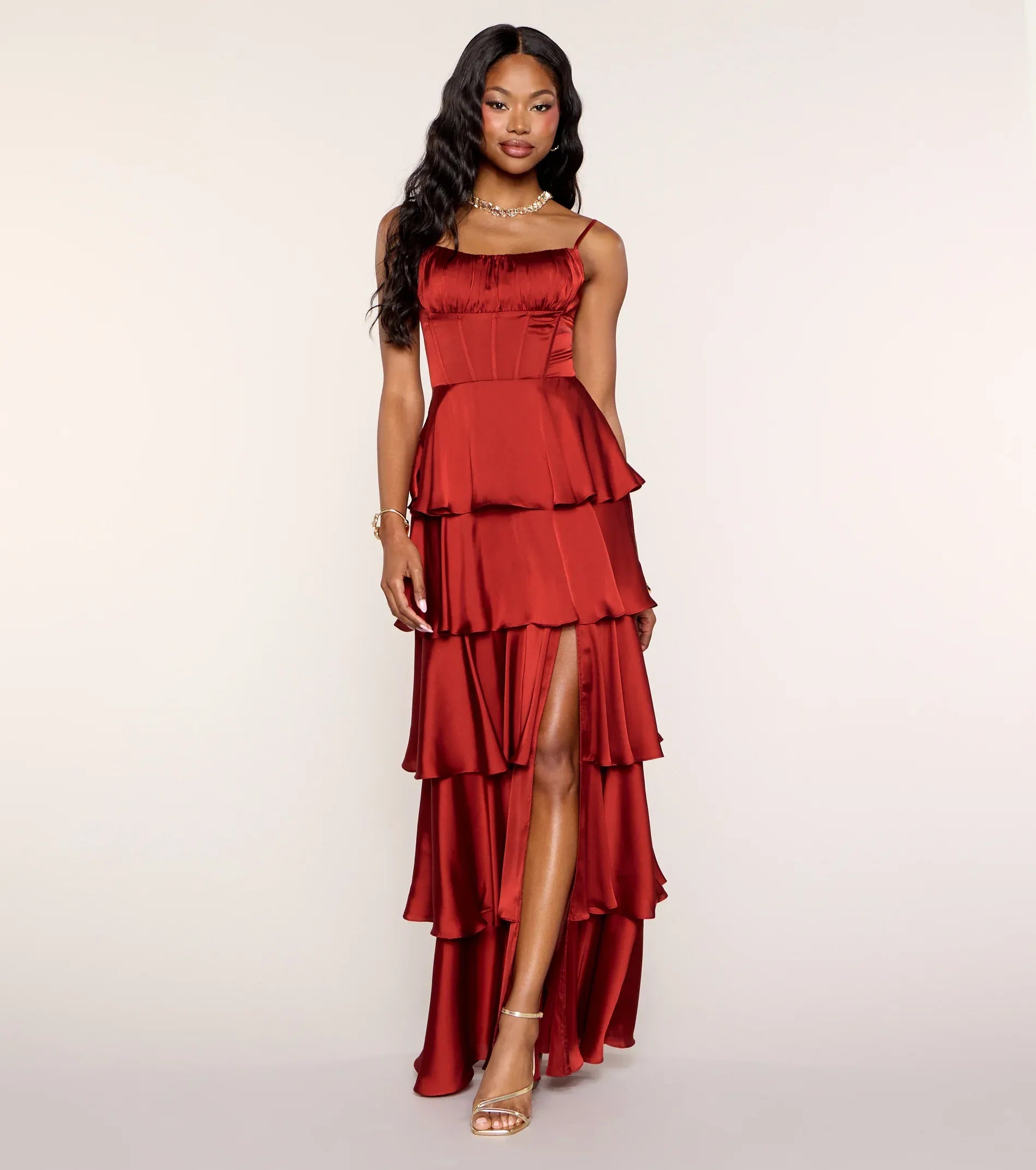 Vibrant Red Satin Tiered Square Spaghetti Strap Lace‑Up Back Slit Floor Length Wedding Guest Dresses