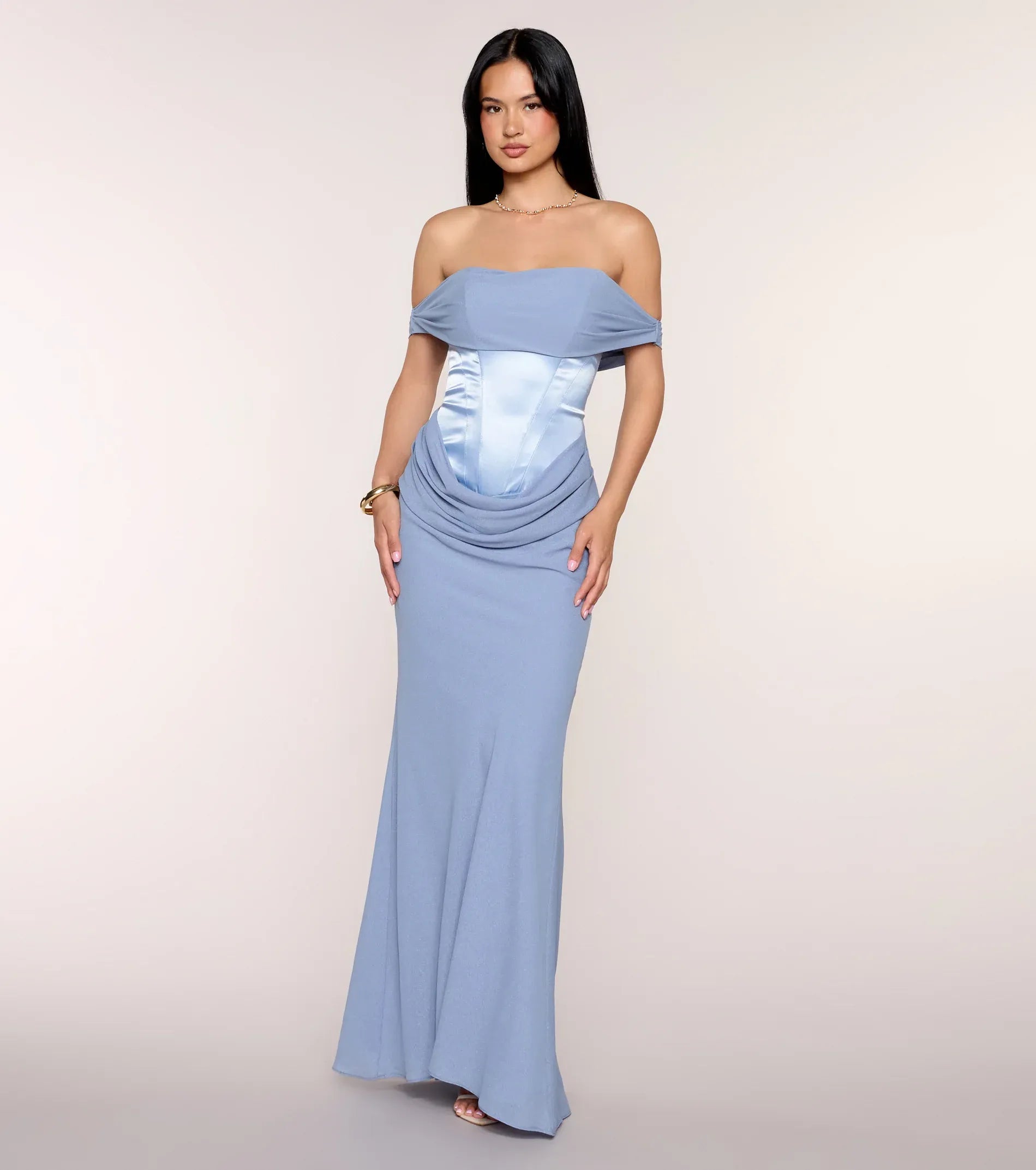 Dusty Blue Off Shoulder Satin Corset Draped Waist Mermaid Wedding Guest Maxi Dress