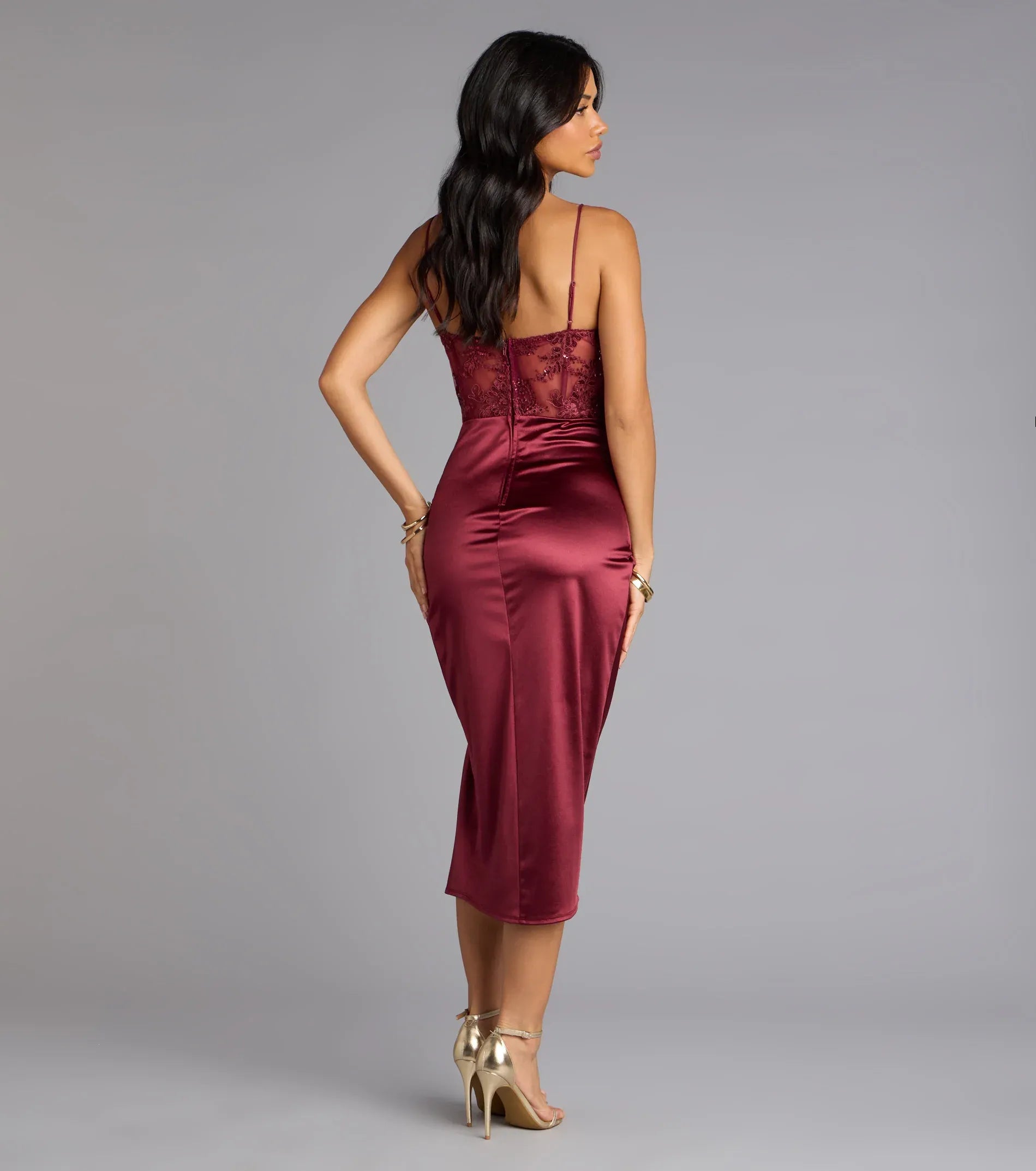 Opulent Burgundy Satin Midi Sweetheart Spaghetti Strap Sheer Corset Wedding Guest Dresses