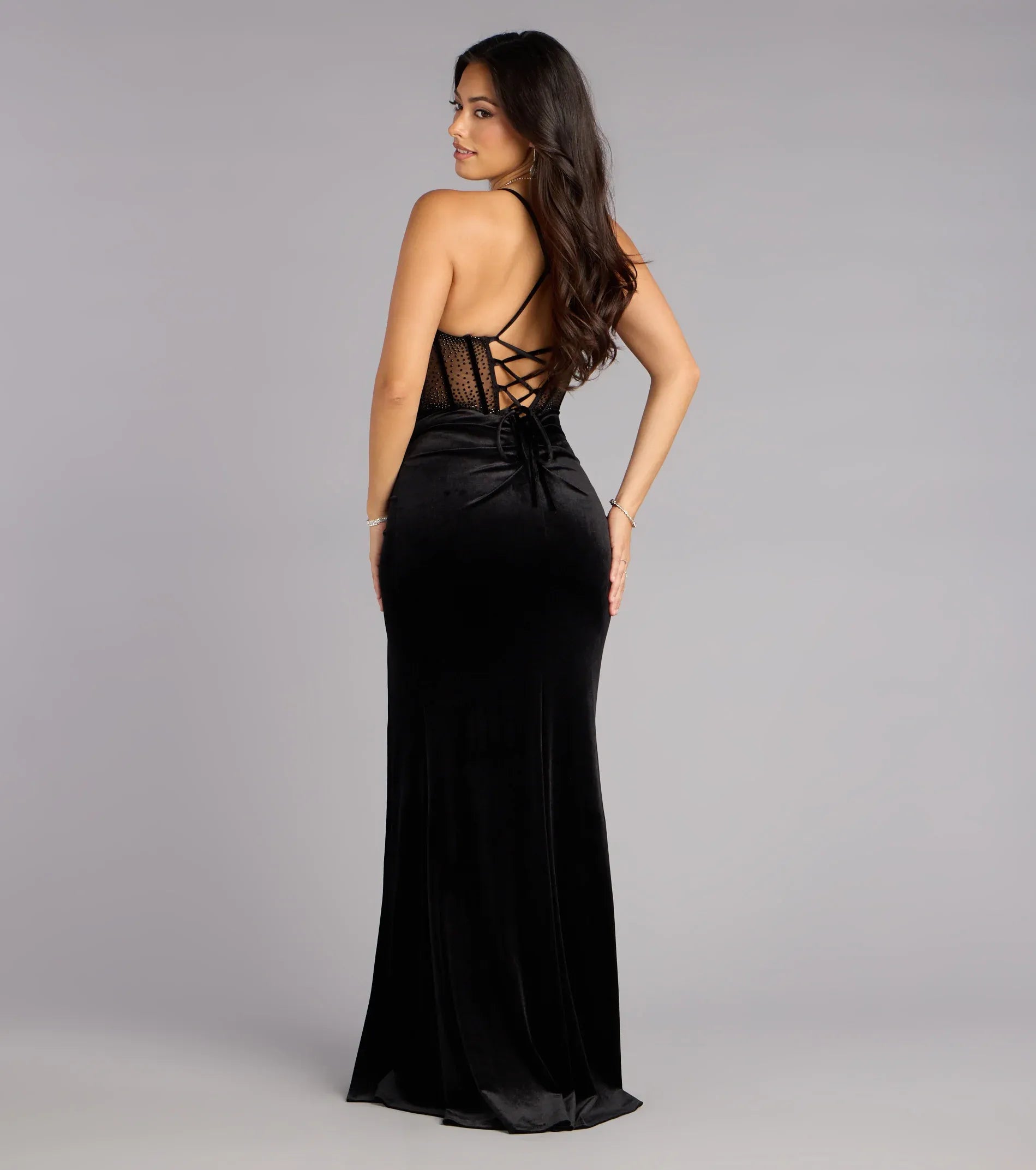 Black Velvet Cowl Mesh Rhinestone Corset Lace Up High Slit Mermaid Wedding Guest Maxi Dress