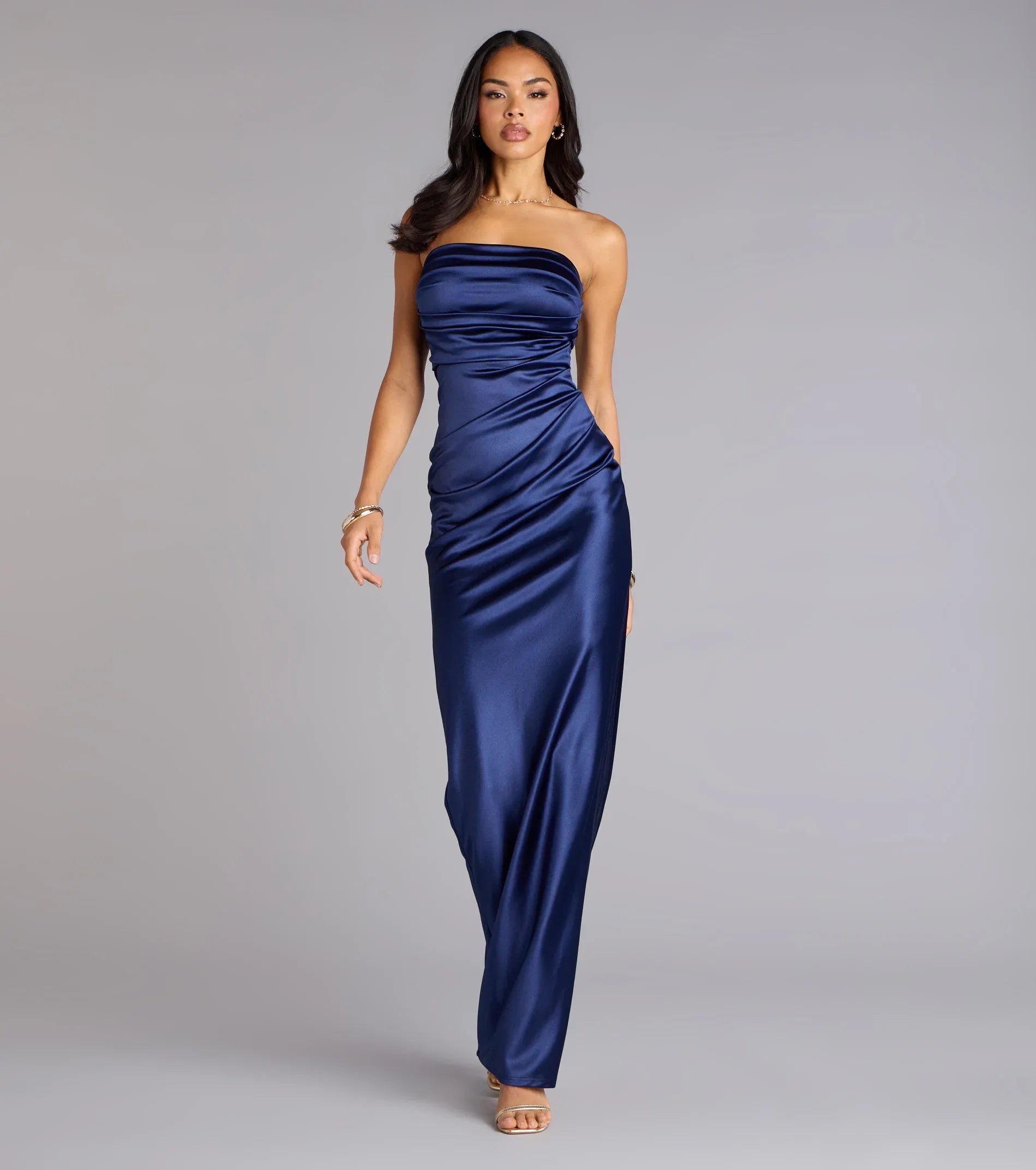 Elegant Navy Satin Column Strapless Ruched High Slit Floor Length Wedding Guest Dresses