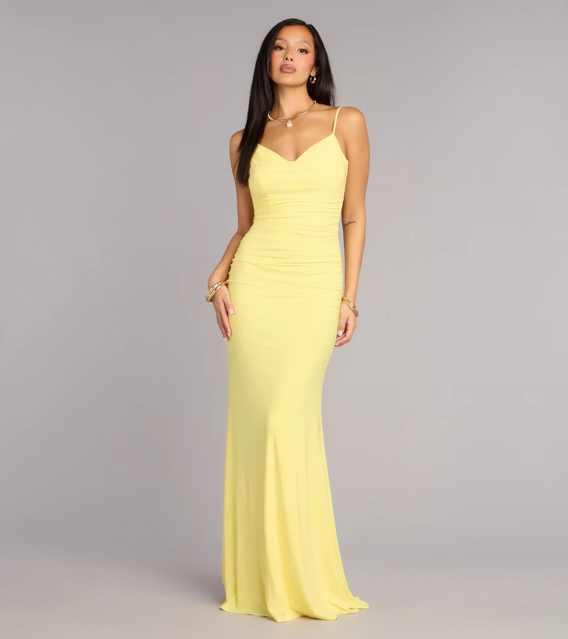 Vibrant Yellow Mermaid Cowl Spaghetti Strap Tie‑Back Cutout Floor Length Wedding Guest Dresses