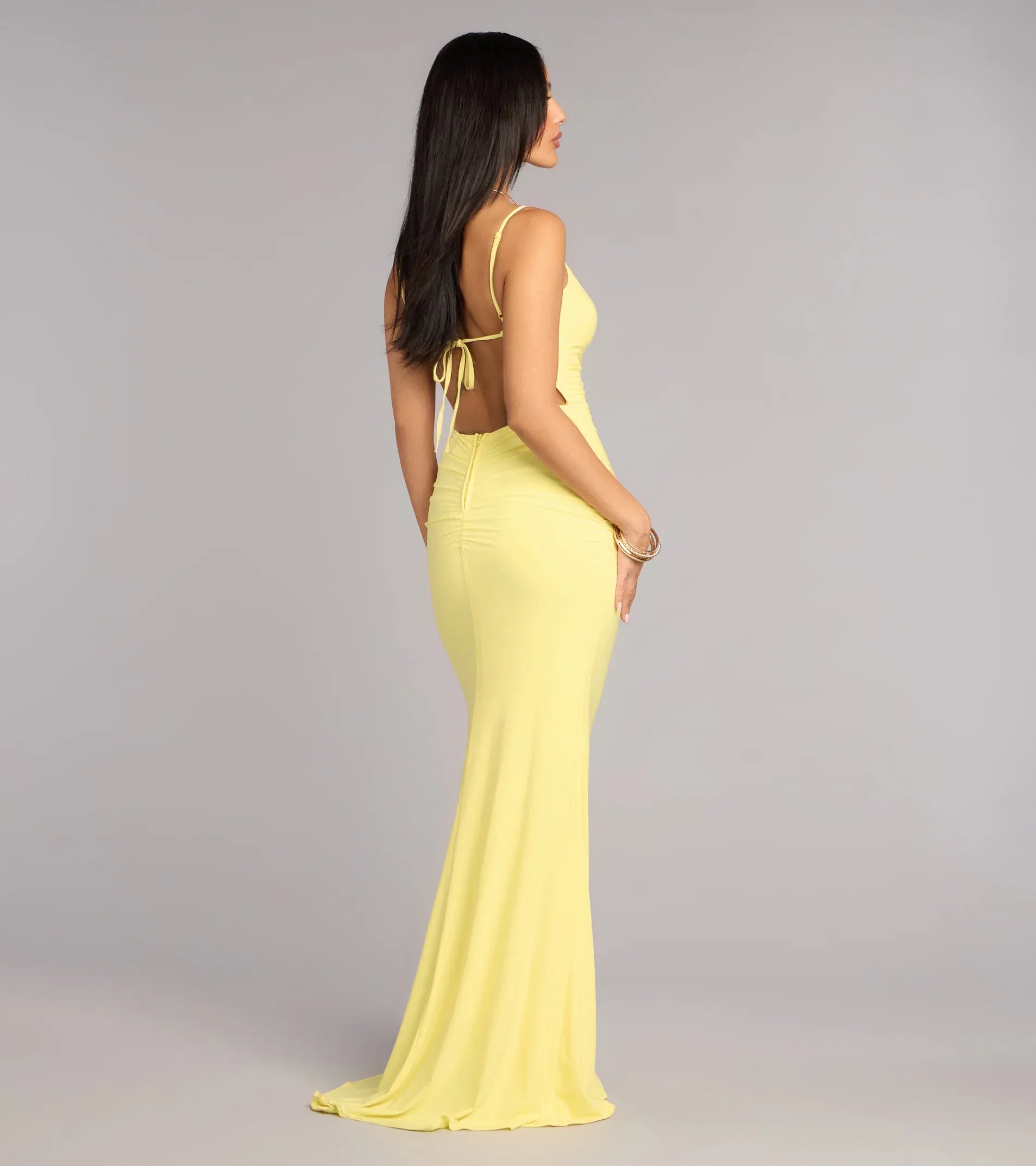 Vibrant Yellow Mermaid Cowl Spaghetti Strap Tie‑Back Cutout Floor Length Wedding Guest Dresses