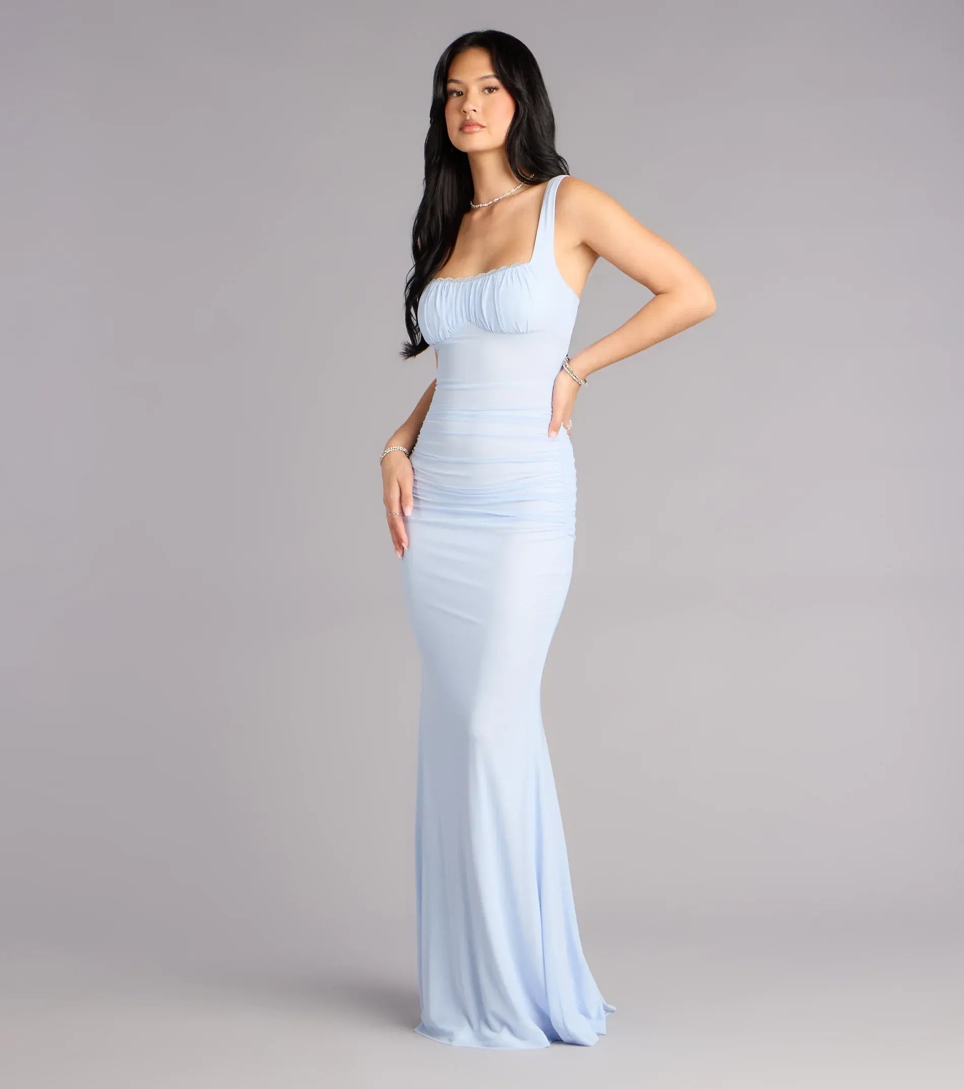 Light Blue Square Neck Ruched Lace Up Back Mermaid Wedding Guest Maxi Dress