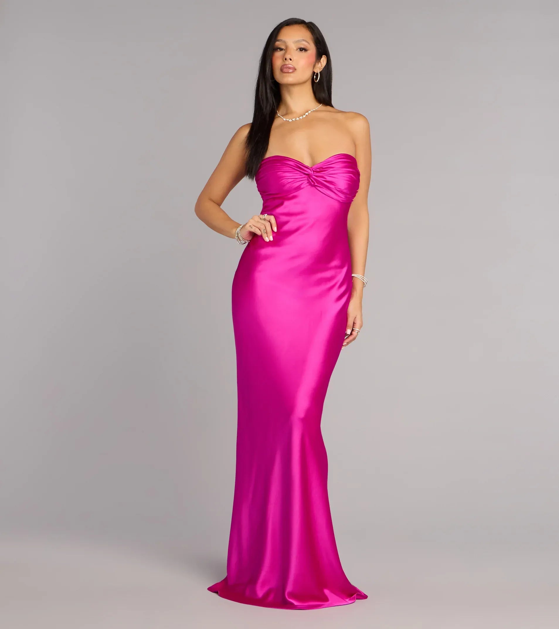 Vibrant Fuchsia Satin Mermaid Strapless Twist Back Tie Floor Length Wedding Guest Dresses