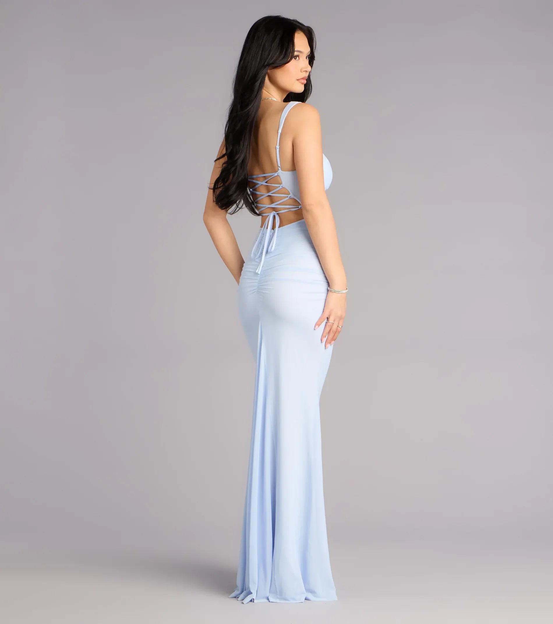 Light Blue Square Neck Ruched Lace Up Back Mermaid Wedding Guest Maxi Dress