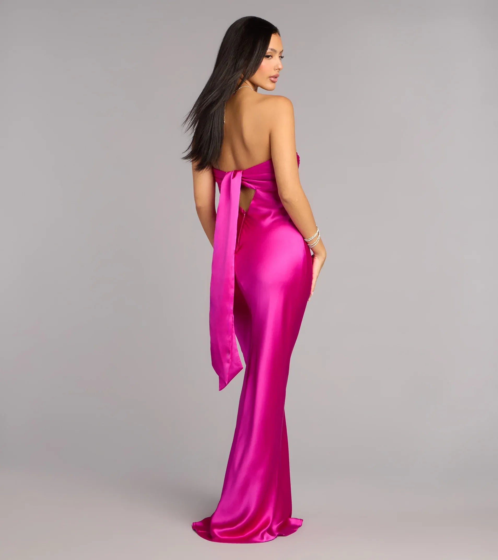 Vibrant Fuchsia Satin Mermaid Strapless Twist Back Tie Floor Length Wedding Guest Dresses
