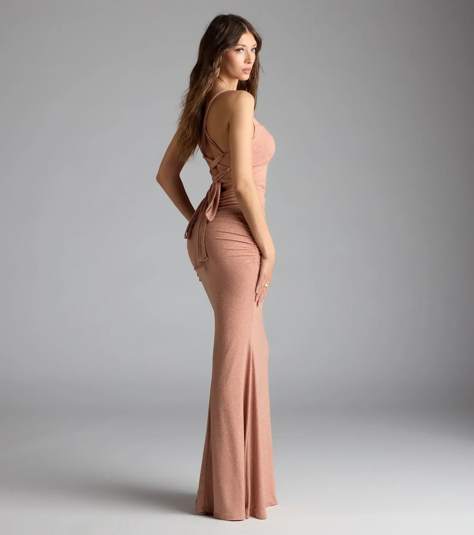 Dusty Pink Glitter Halter Twist Lace Up Back Mermaid Maxi Gown
