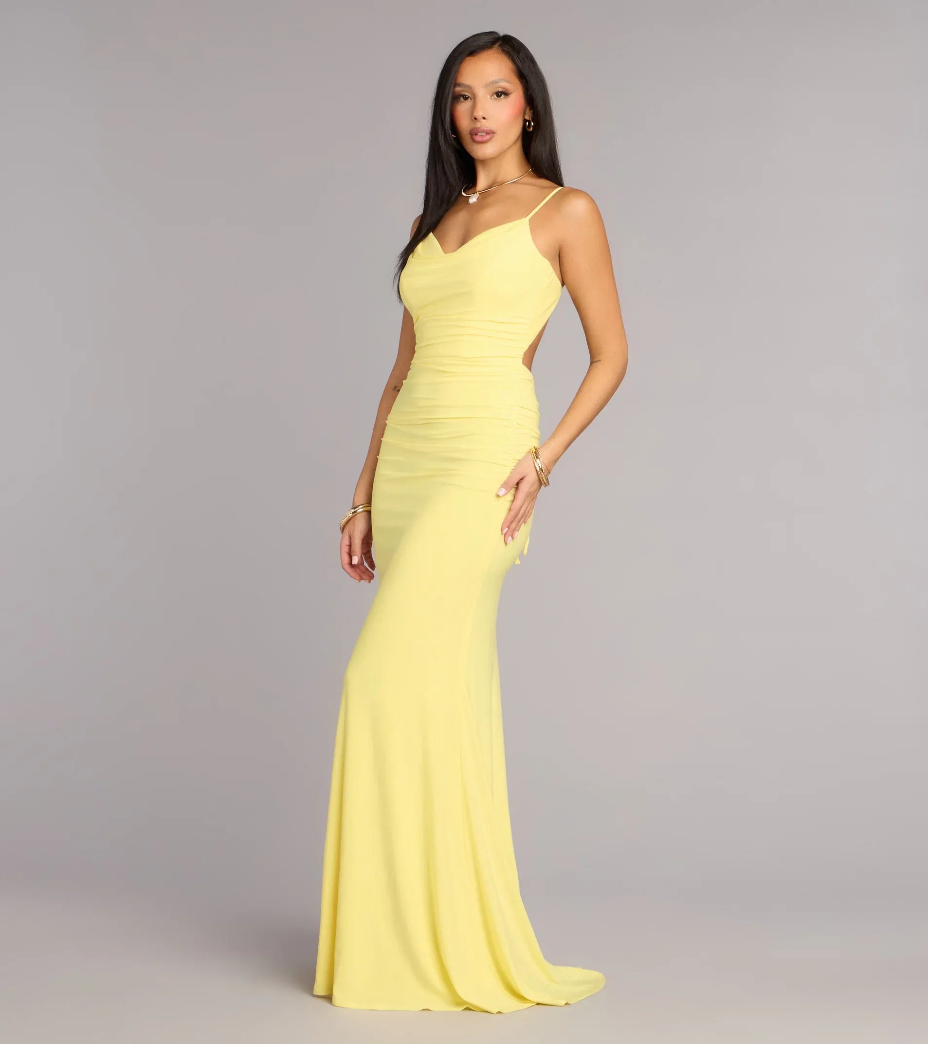 Vibrant Yellow Mermaid Cowl Spaghetti Strap Tie‑Back Cutout Floor Length Wedding Guest Dresses