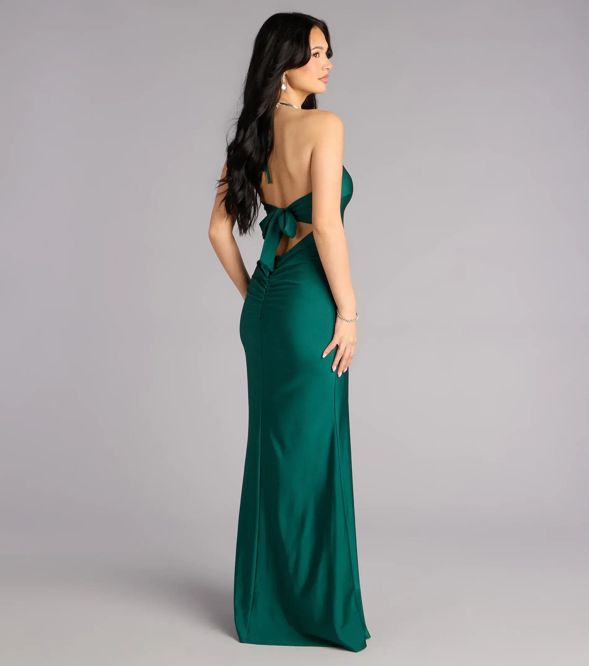 Emerald Green Satin Halter V Back Bow Cutout High Slit Mermaid Long Gown