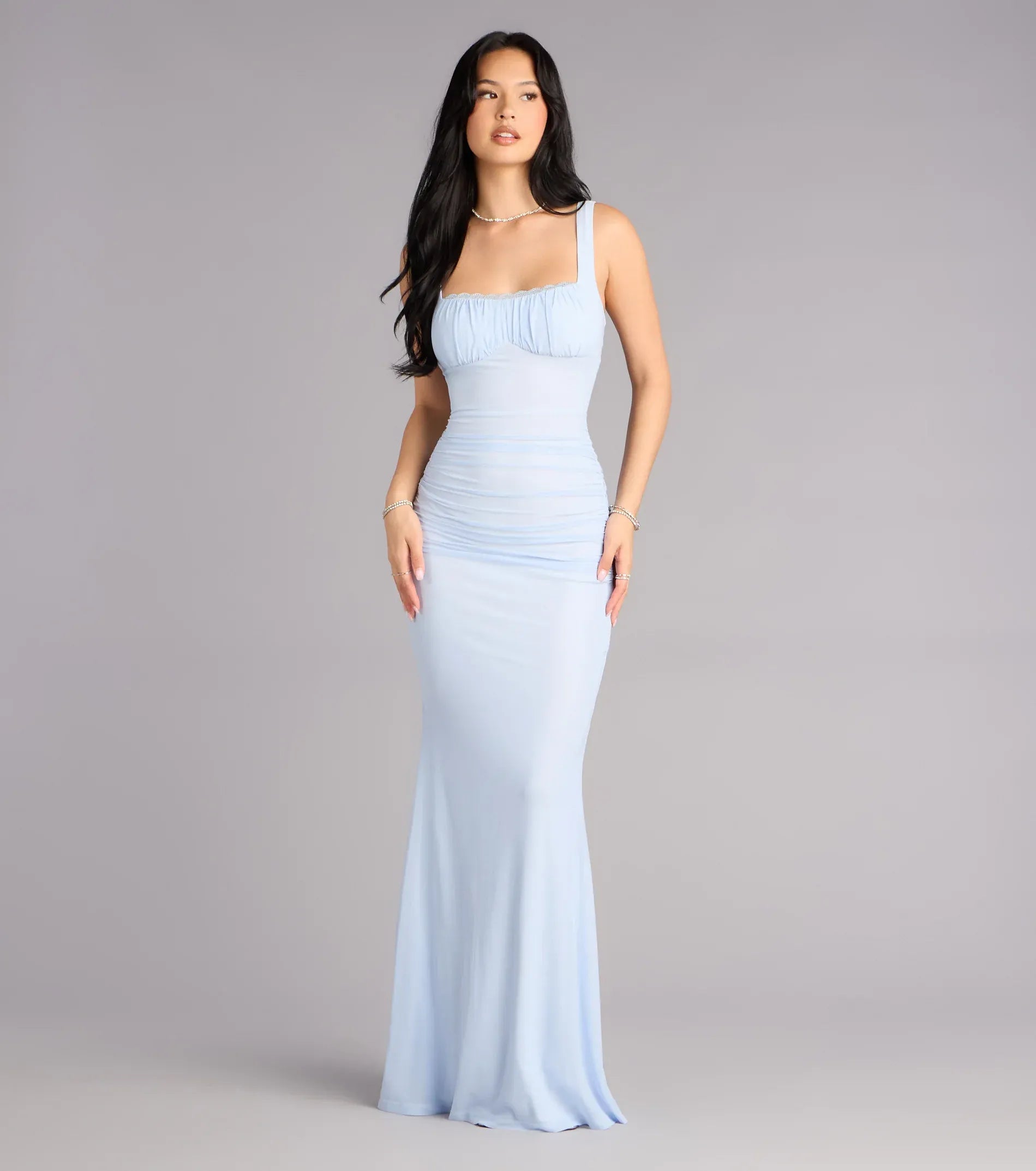 Light Blue Square Neck Ruched Lace Up Back Mermaid Wedding Guest Maxi Dress