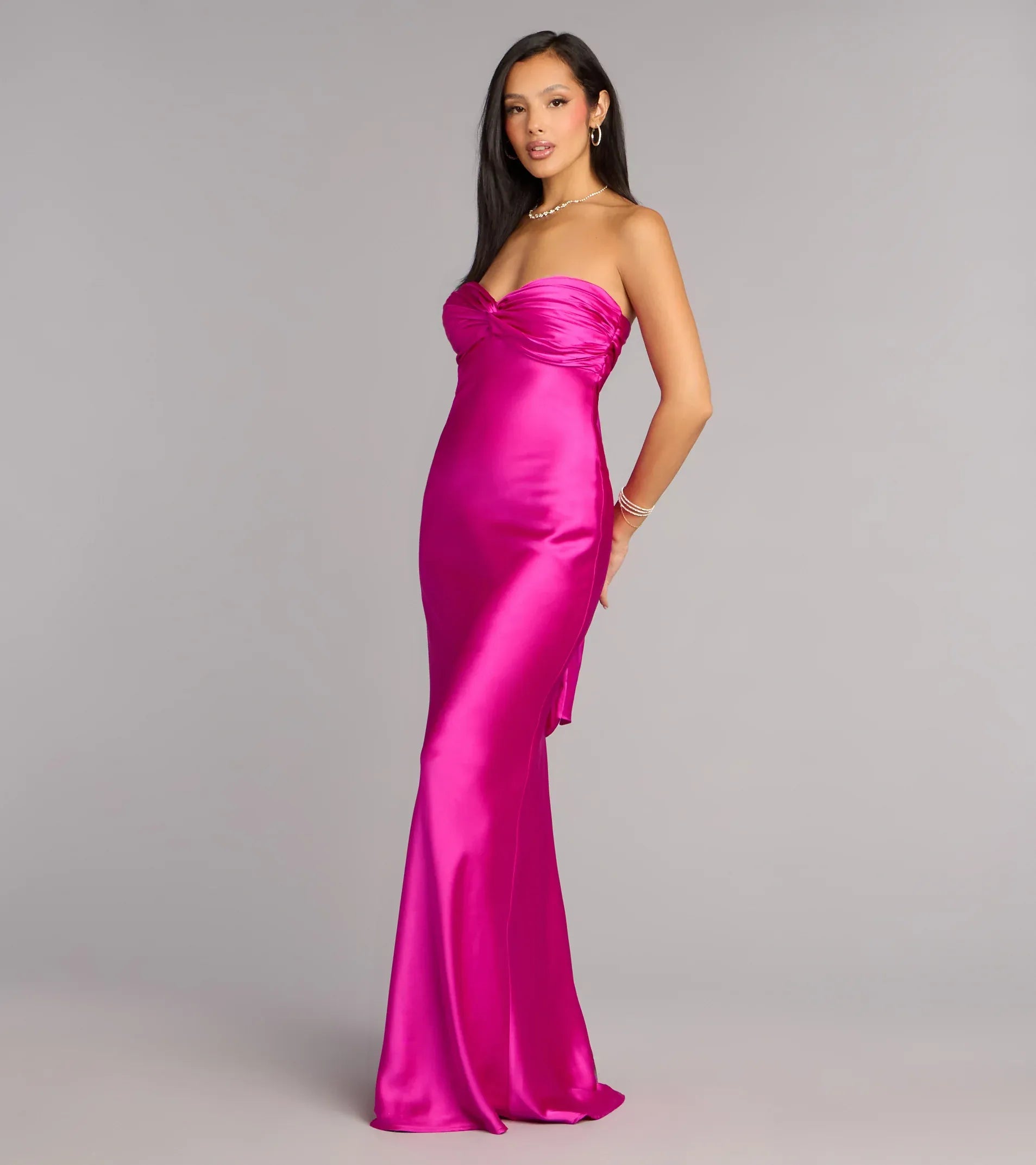 Vibrant Fuchsia Satin Mermaid Strapless Twist Back Tie Floor Length Wedding Guest Dresses
