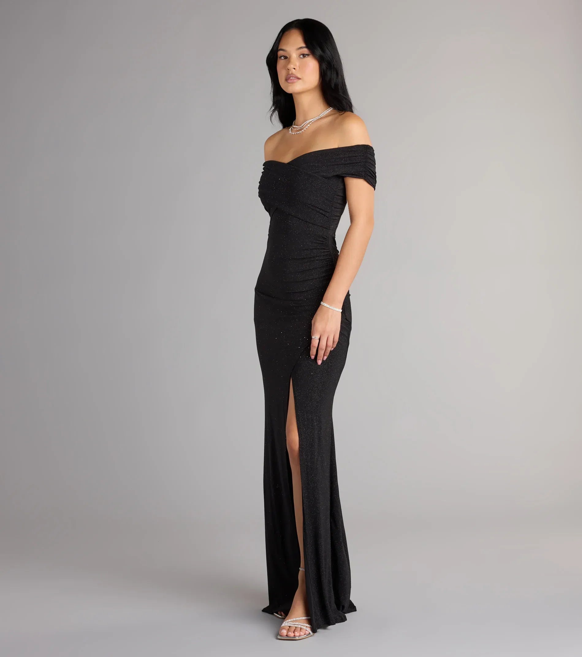 Black Off Shoulder Ruched High Slit Glitter Mermaid Wedding Guest Maxi Dress