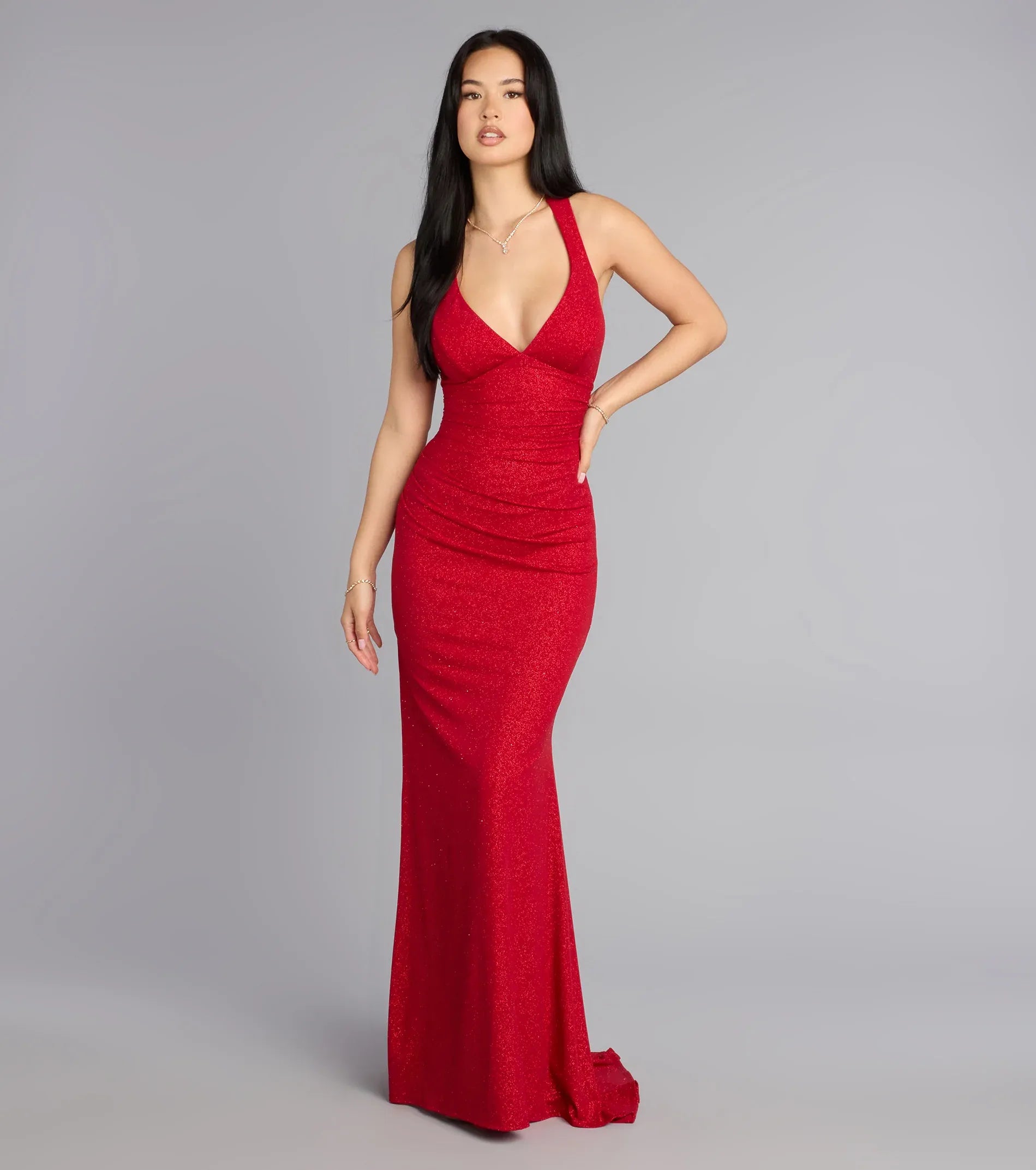 Red Glitter Halter Cross Back Tie Slit Mermaid Train Maxi Gown