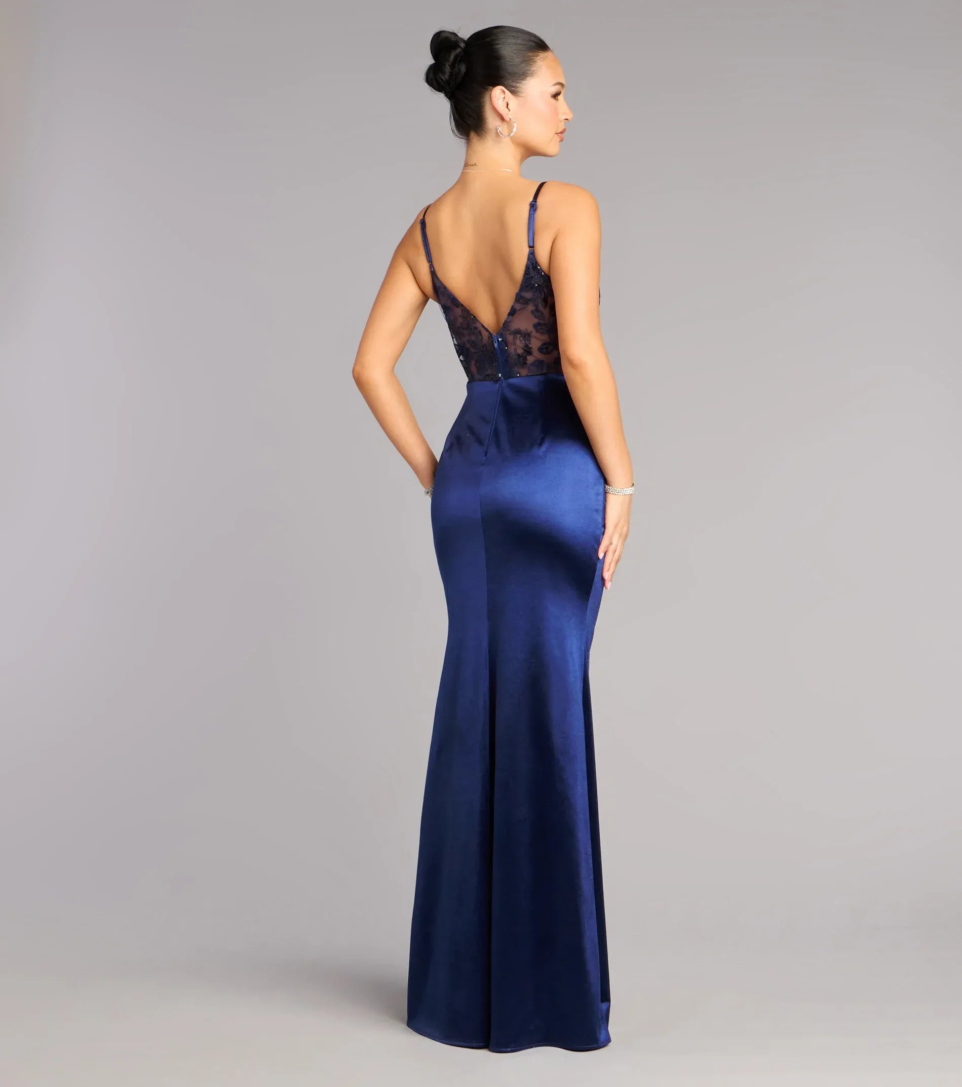 Navy Lace Corset Spaghetti Strap Ruched High Slit Satin Mermaid Wedding Guest Maxi Dress
