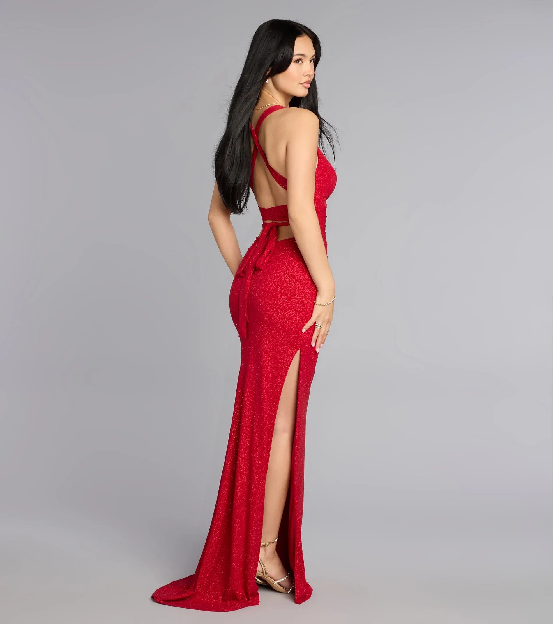 Red Glitter Halter Cross Back Tie Slit Mermaid Train Maxi Gown
